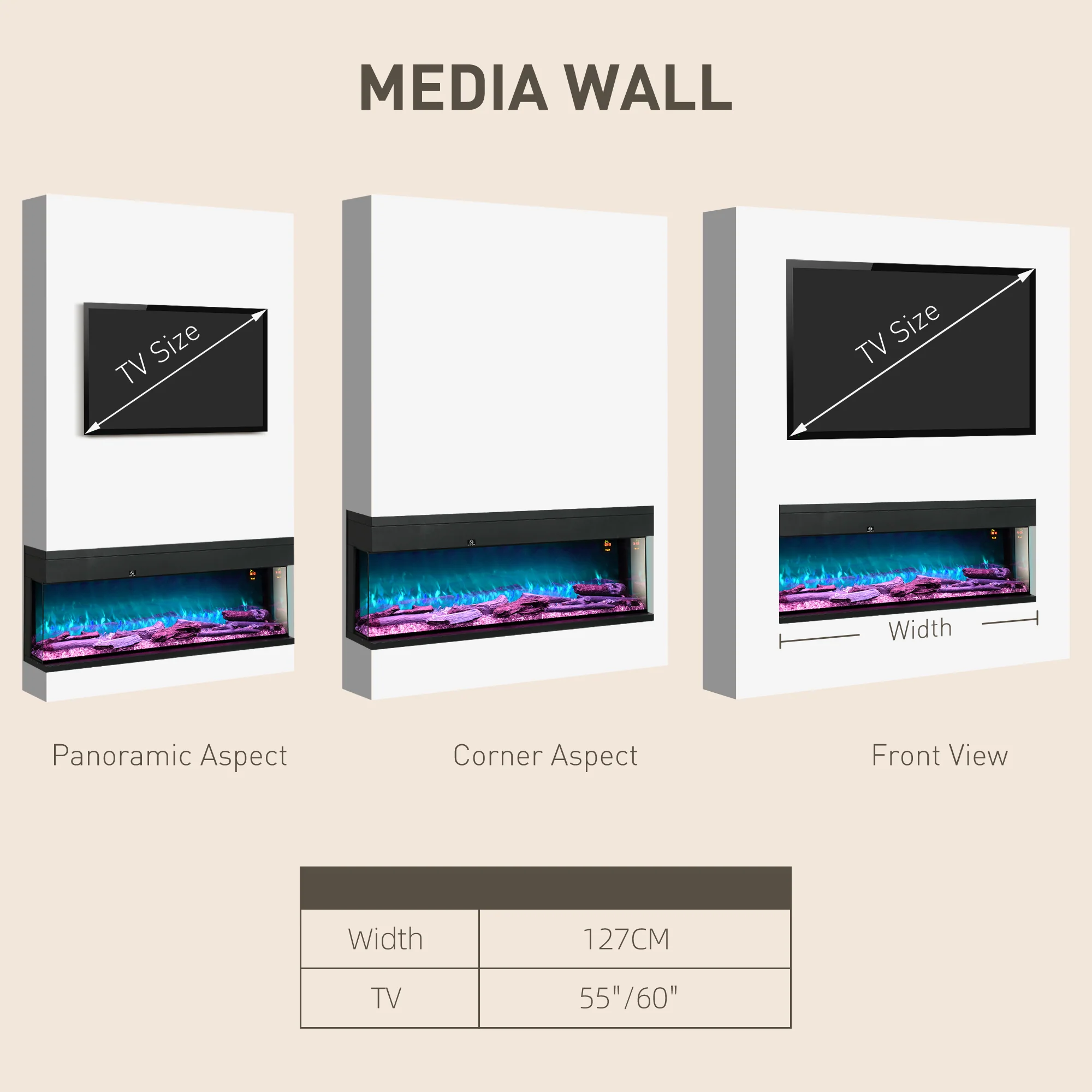 HOMCOM 127cm Electric Fireplace Recessed, Insert, Wall Mount, Freestanding - Image 9