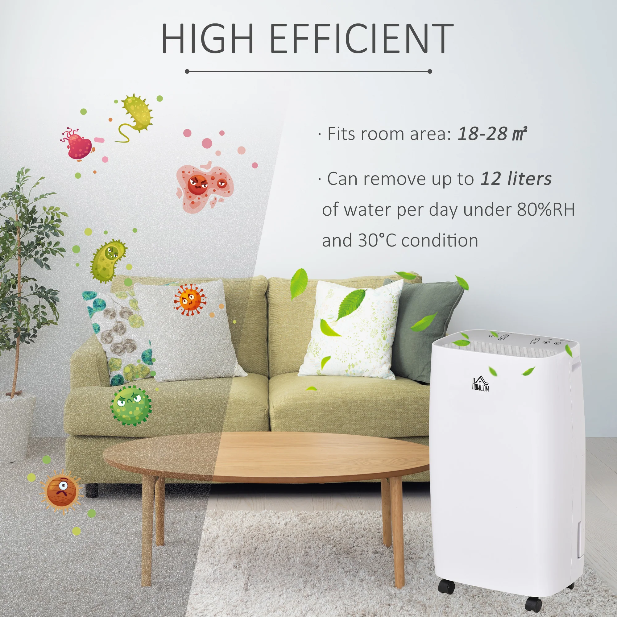HOMCOM 12L/Day 2500ml Dehumidifier For Home With 24H Timer And 2 Speed Modes - Image 3
