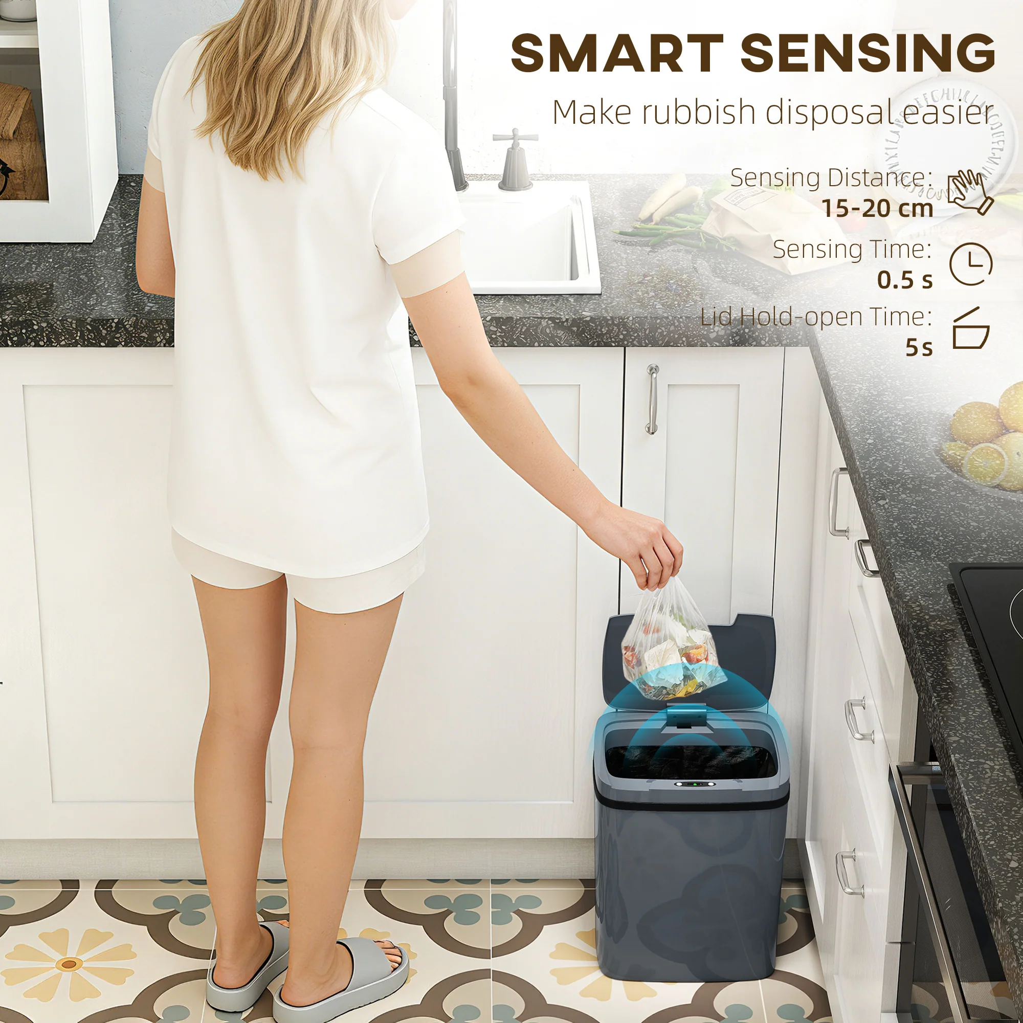 HOMCOM 15L Sensor Bin, Automatic Touchless Kitchen Bin, Battery Operated - Image 3