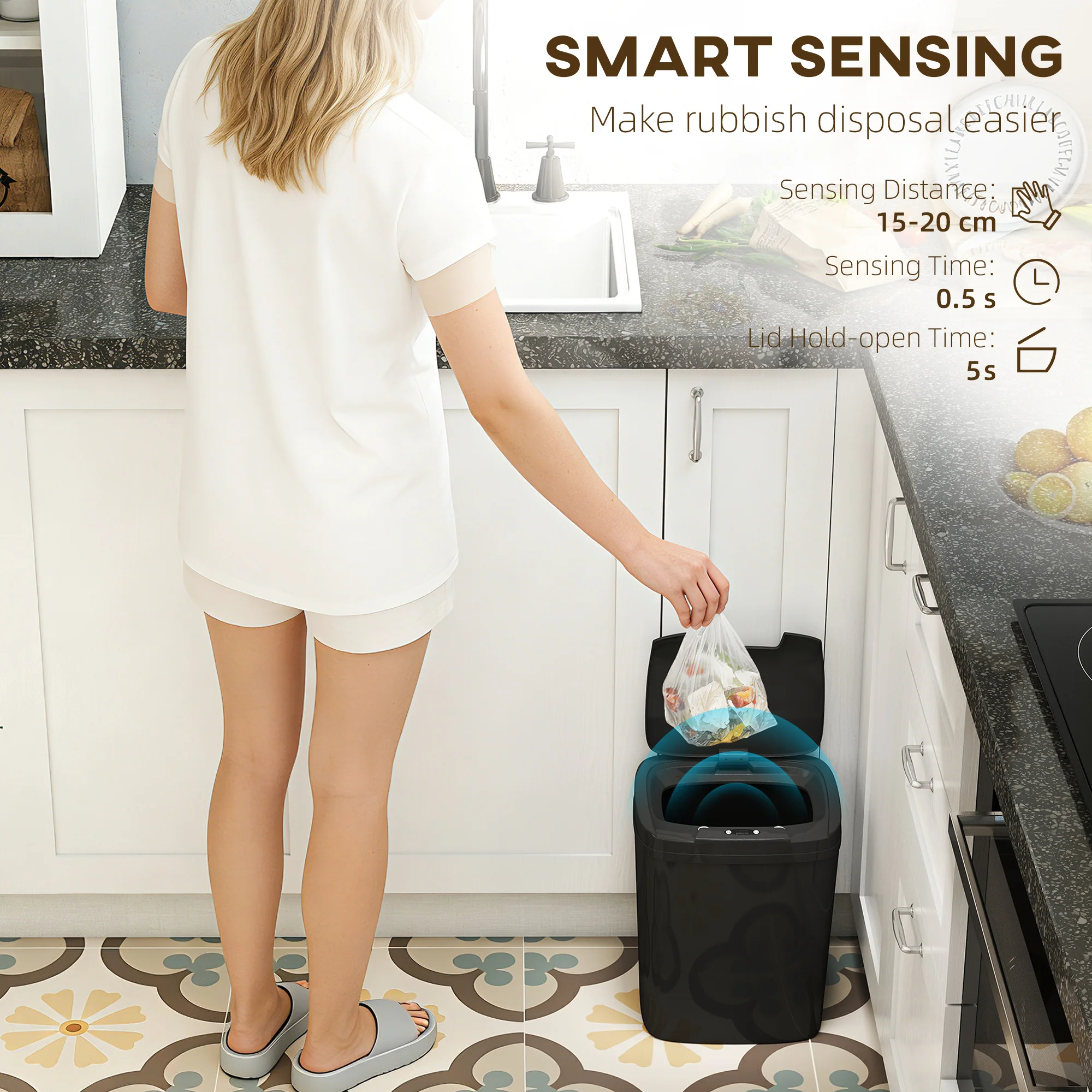 HOMCOM 15L Sensor Bin, Automatic Touchless Kitchen Bin, Battery Operated - Image 3