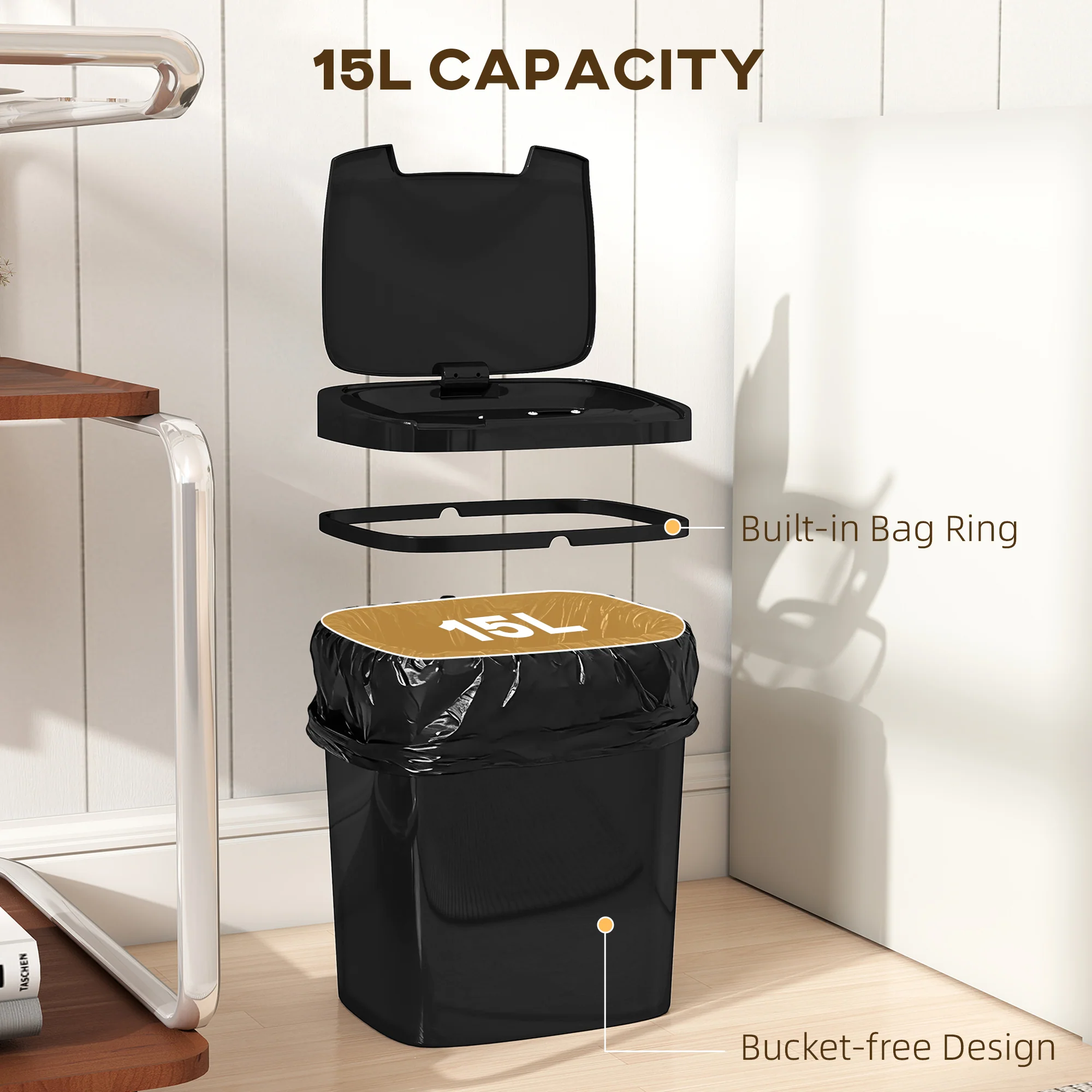 HOMCOM 15L Sensor Bin, Automatic Touchless Kitchen Bin, Battery Operated - Image 6