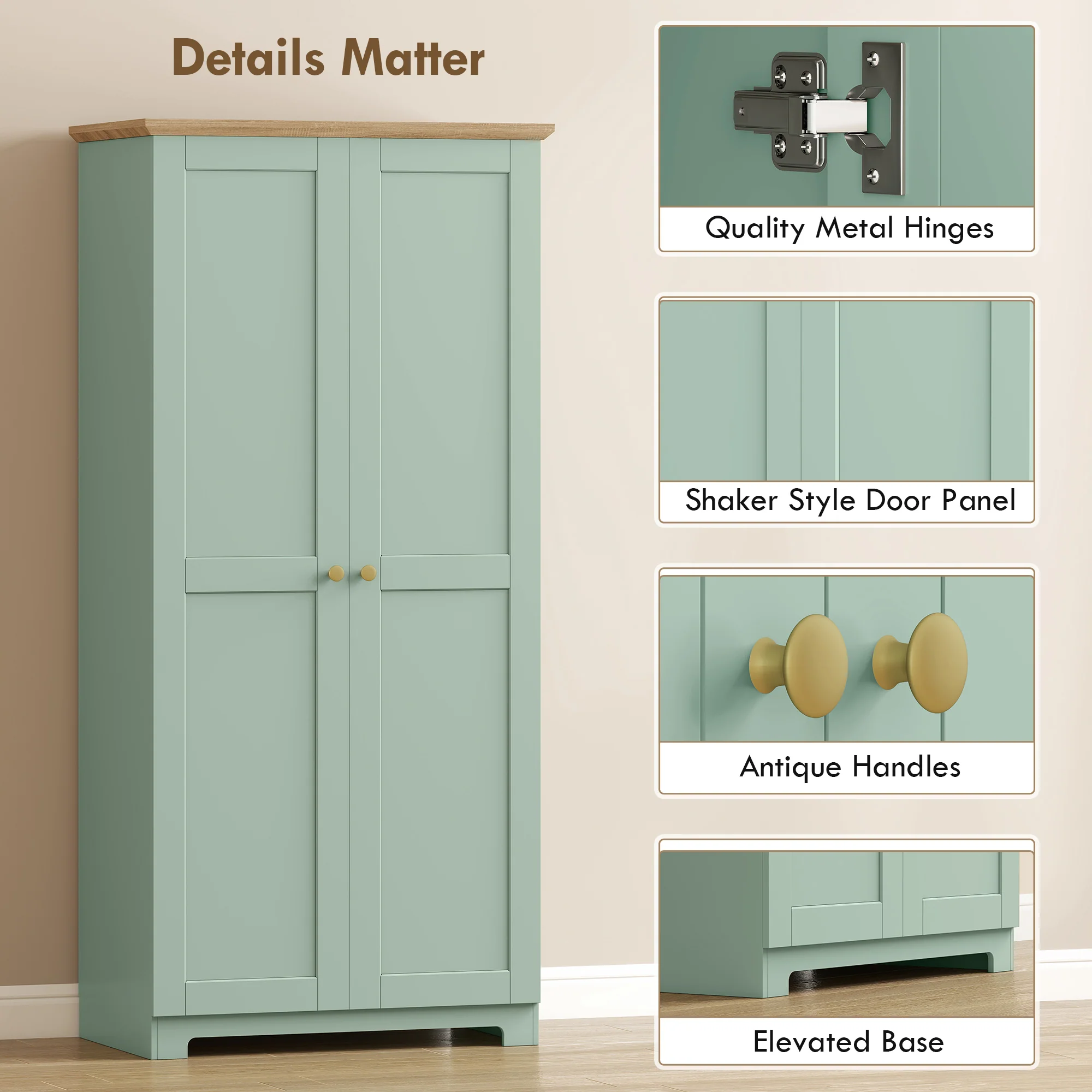 HOMCOM 172cm Wooden Storage Cabinet Cupboard With 4 Shelves Light Green - Image 6