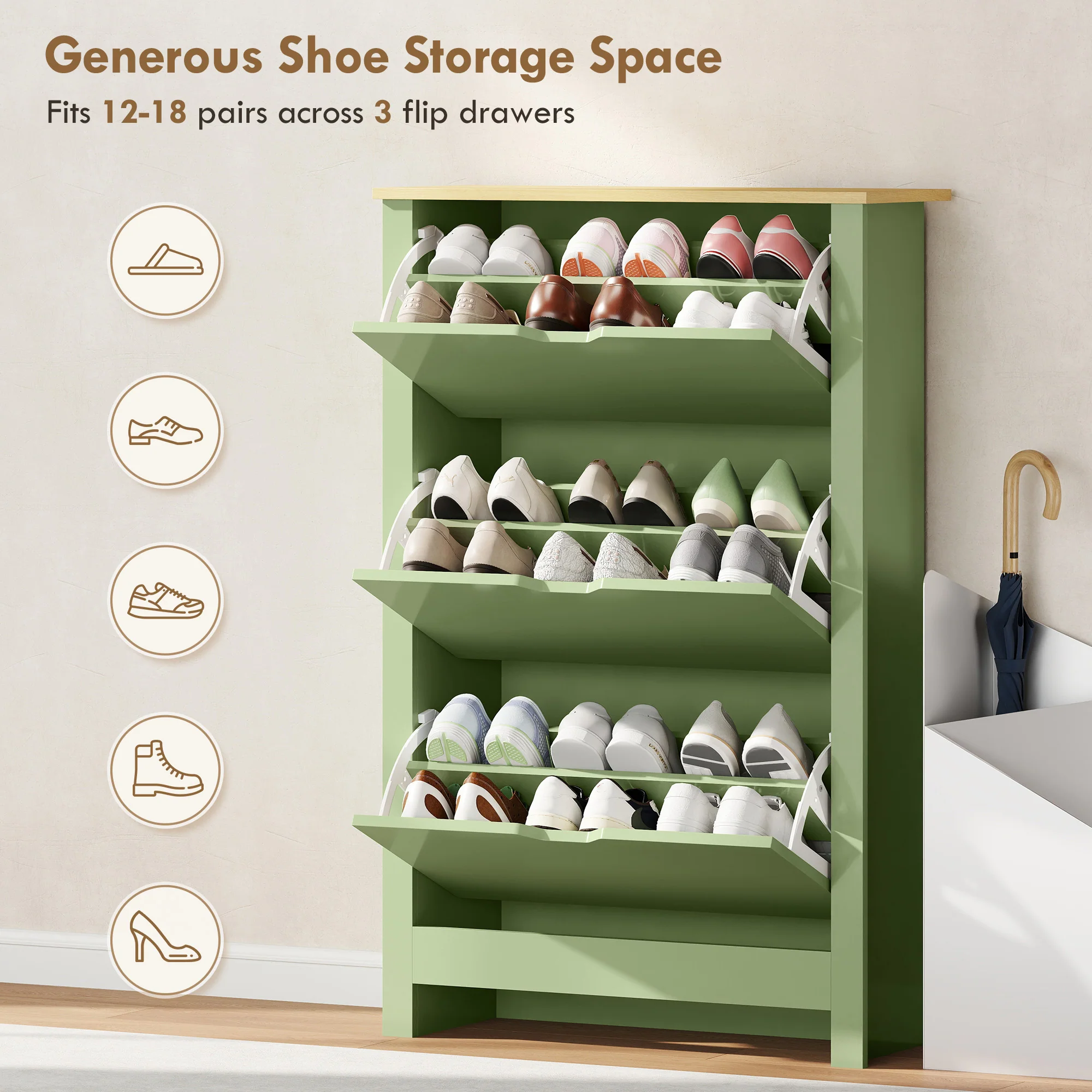 HOMCOM 18-Shoe Storage Cabinet 6 Shelves 3 Drawers Tabletop High Gloss Green - Image 4