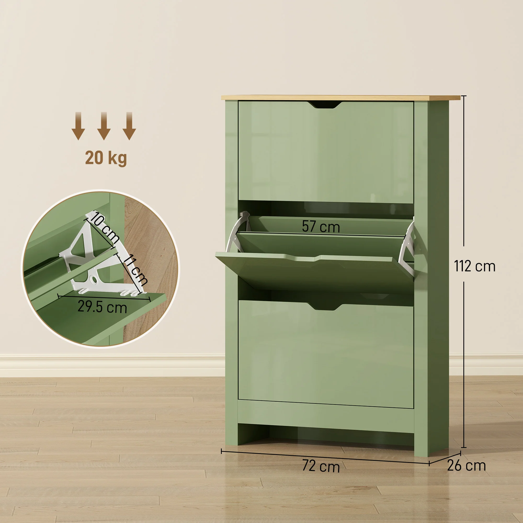 HOMCOM 18-Shoe Storage Cabinet 6 Shelves 3 Drawers Tabletop High Gloss Green - Image 5