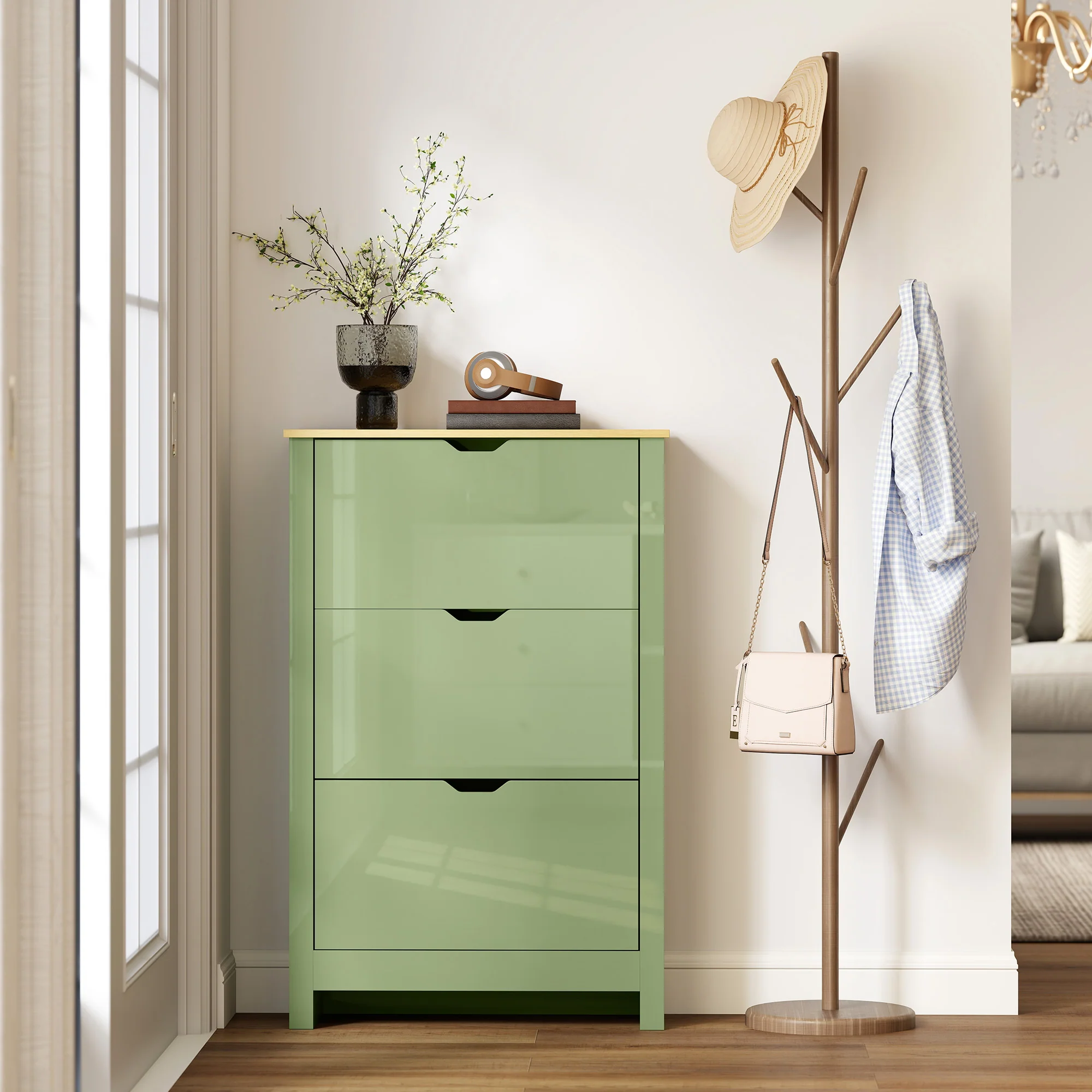 HOMCOM 18-Shoe Storage Cabinet 6 Shelves 3 Drawers Tabletop High Gloss Green - Image 9