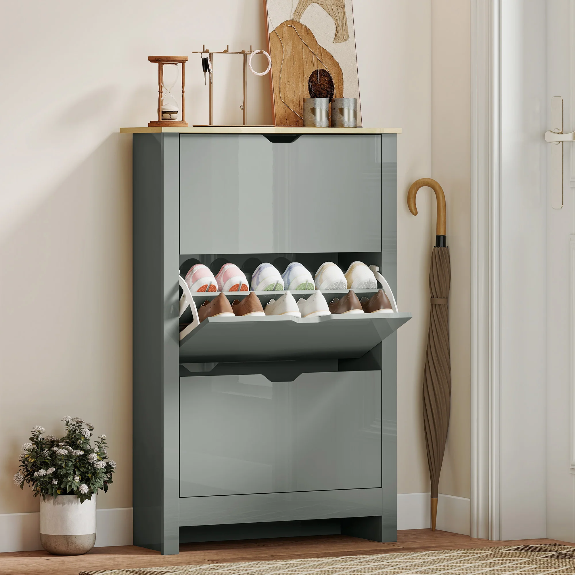 HOMCOM 18-Shoe Storage Cabinet 6 Shelves 3 Drawers Tabletop Light Grey - Image 2