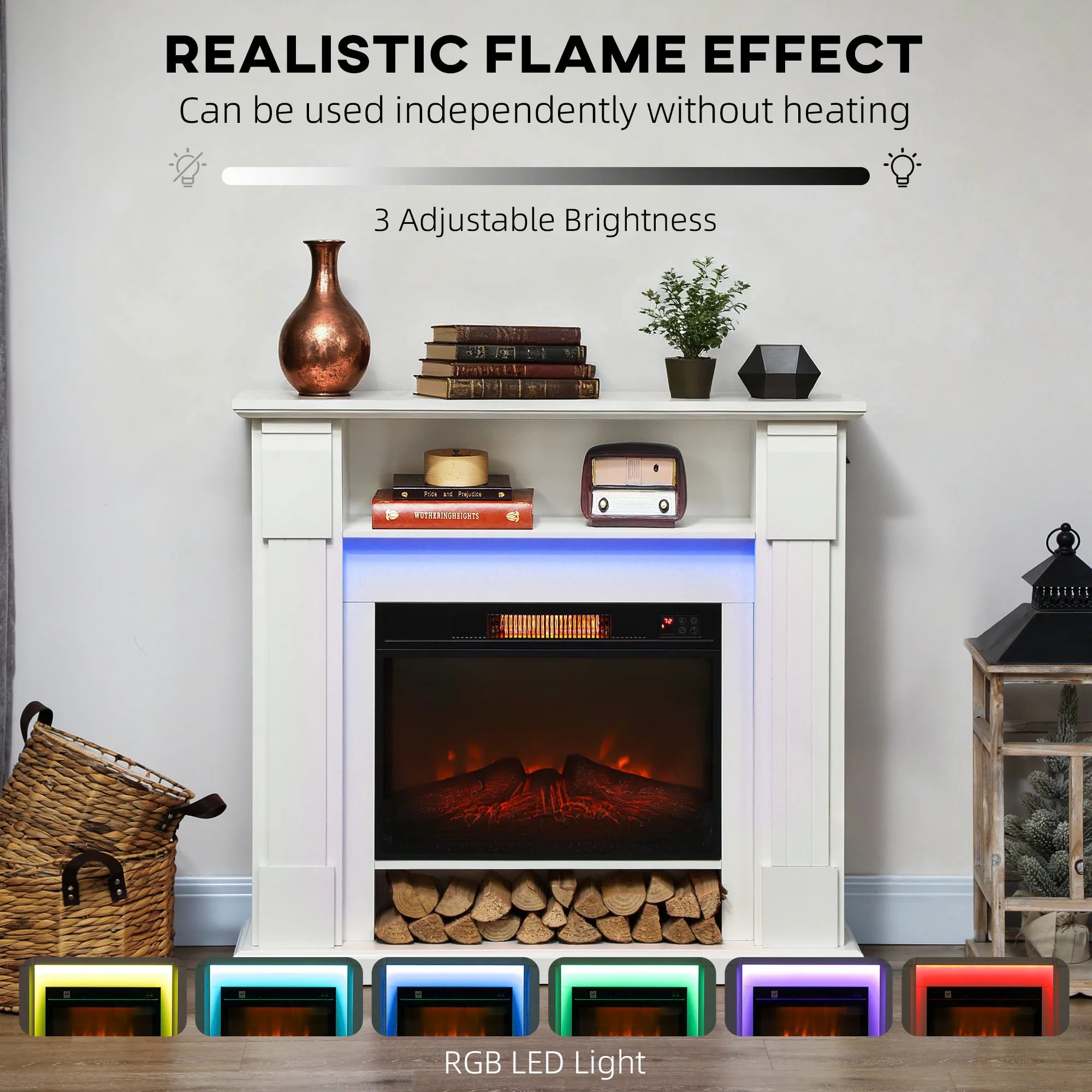 HOMCOM 1800W Inset Electric Fireplace With RGB LED Lights, White - Image 3