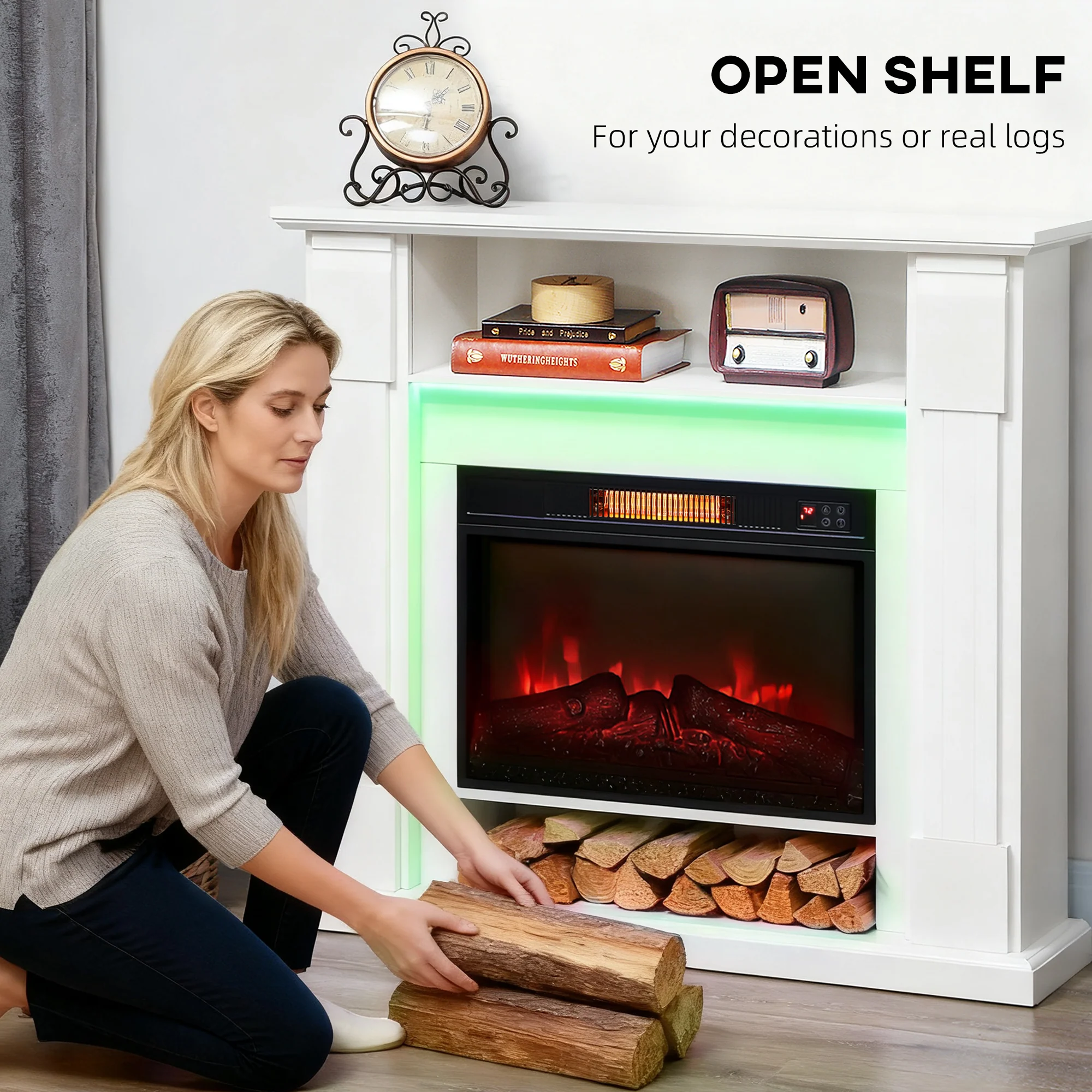 HOMCOM 1800W Inset Electric Fireplace With RGB LED Lights, White - Image 4