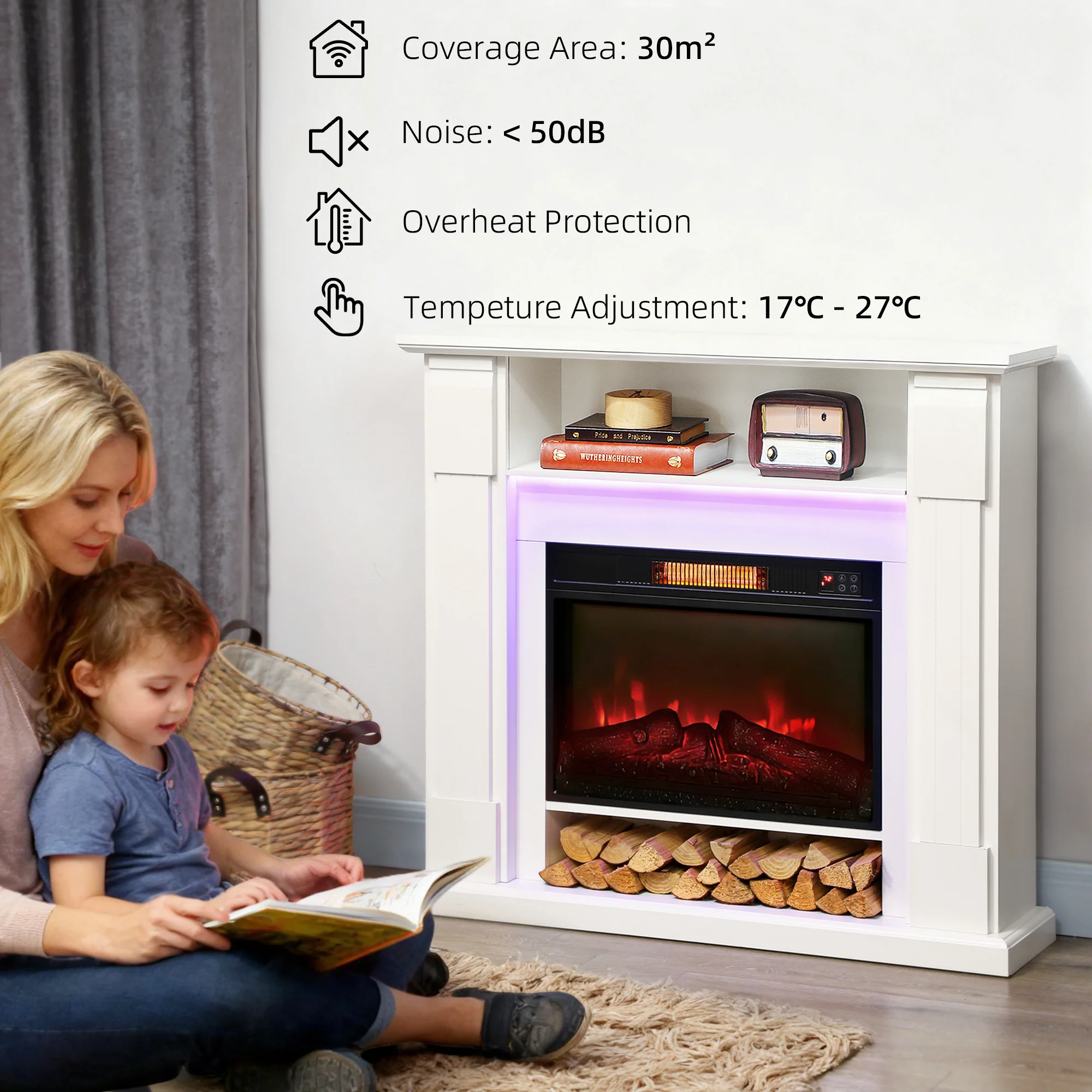 HOMCOM 1800W Inset Electric Fireplace With RGB LED Lights, White - Image 7