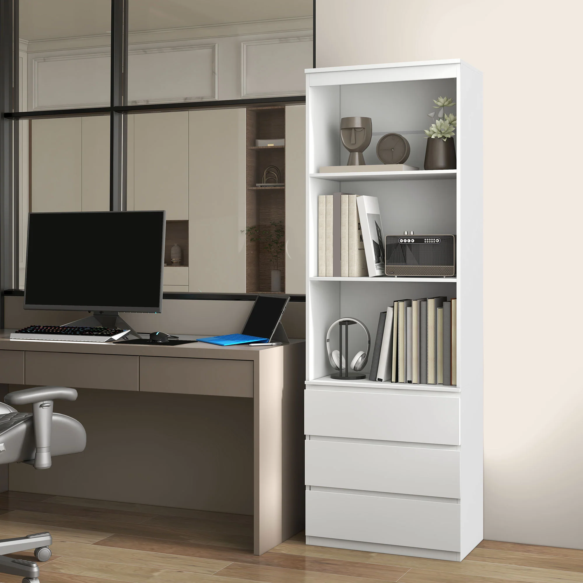 HOMCOM 180cm Tall Bookshelf Free Standing Storage Shelf Unit With Storage White And Oak - Image 6