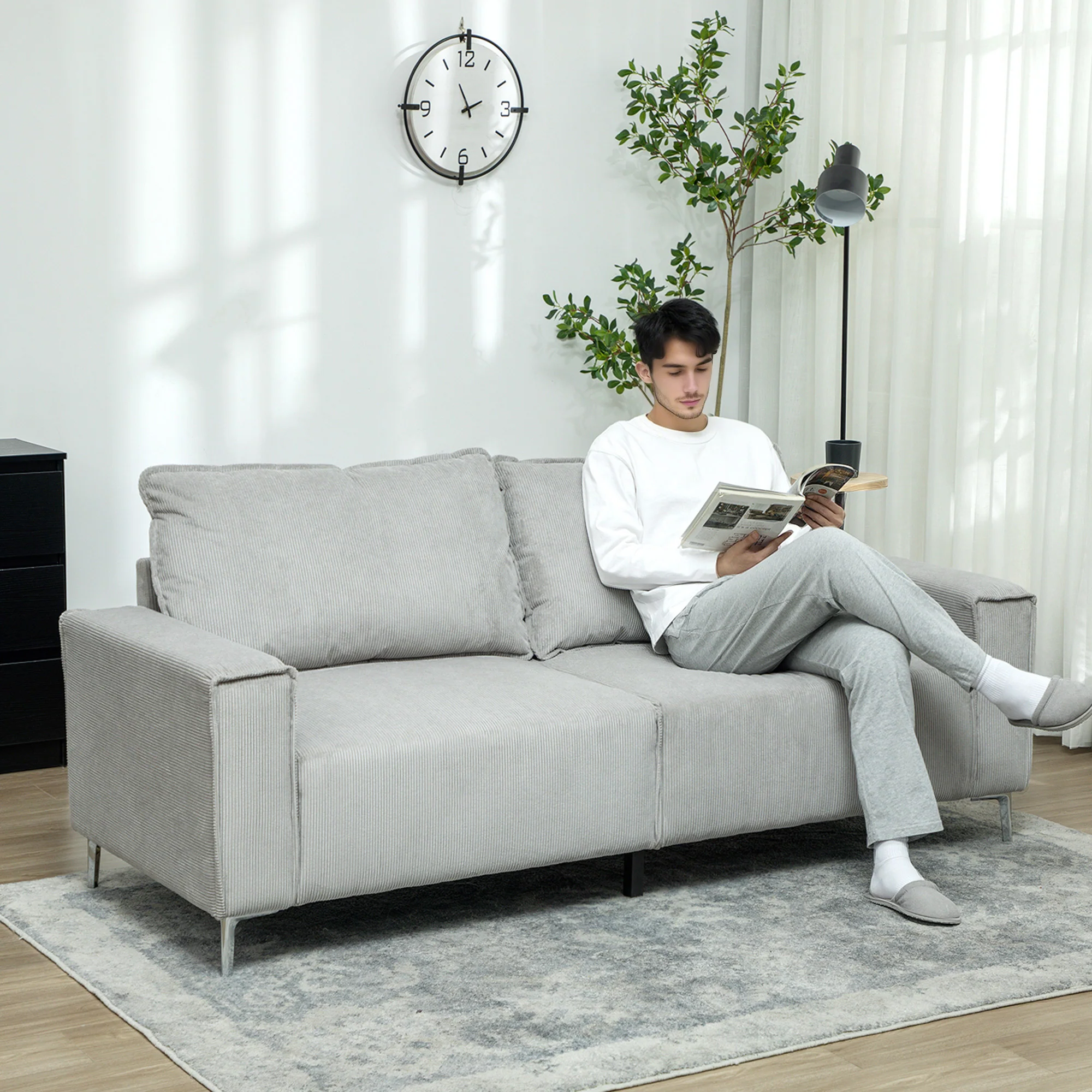HOMCOM 193cm Upholstered Corduroy Settee with Spring Cushion, Light Grey - Image 2