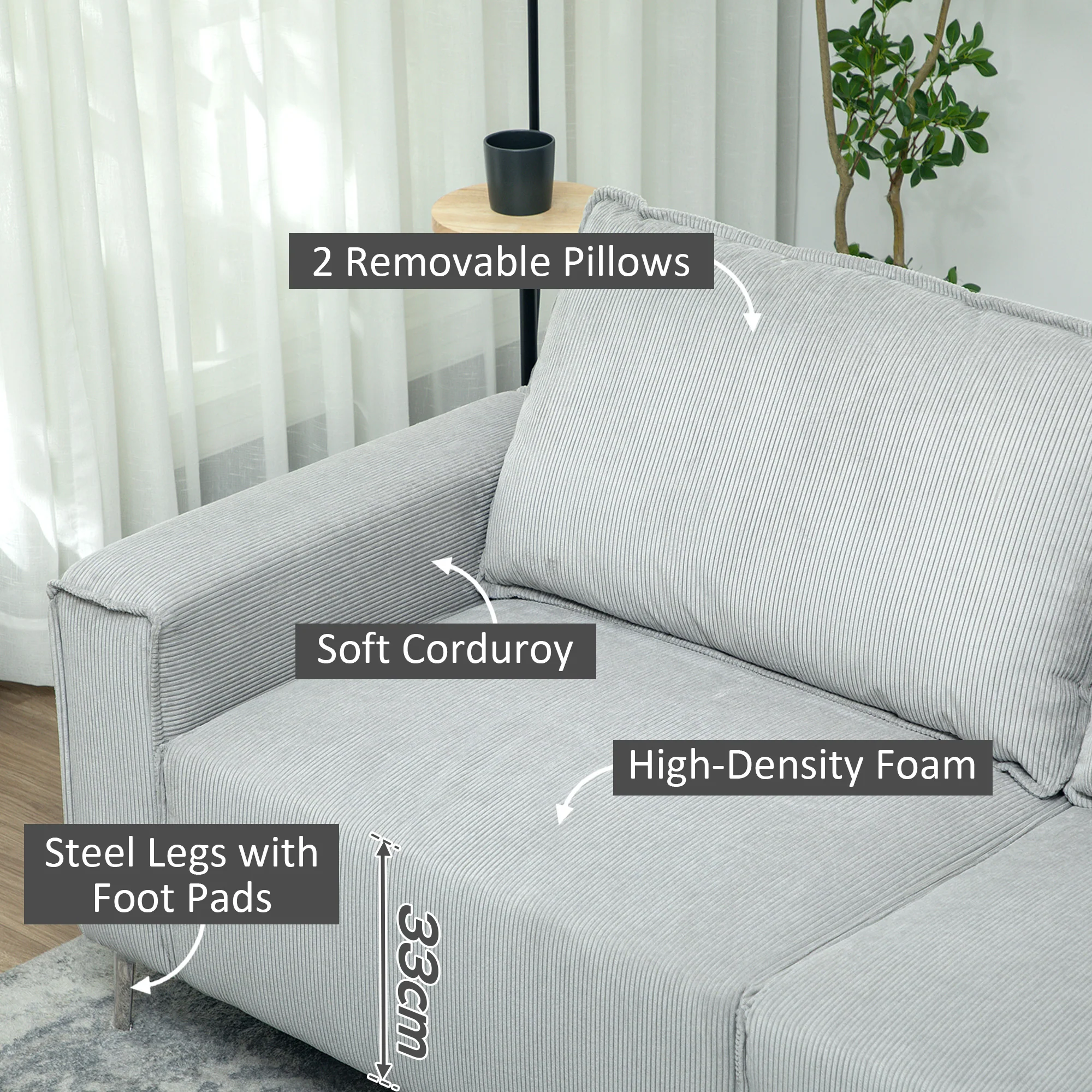 HOMCOM 193cm Upholstered Corduroy Settee with Spring Cushion, Light Grey - Image 4