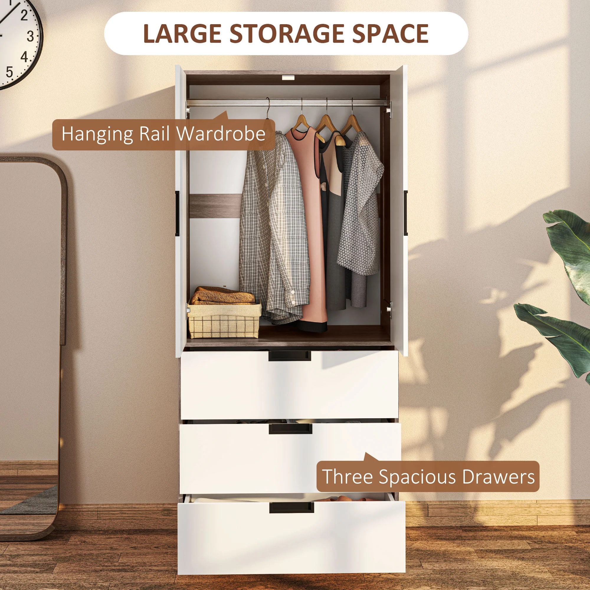 HOMCOM 2 Door Wardrobe Brown Wardrobe With 3 Drawer And Hanging Rod Brown - Image 3