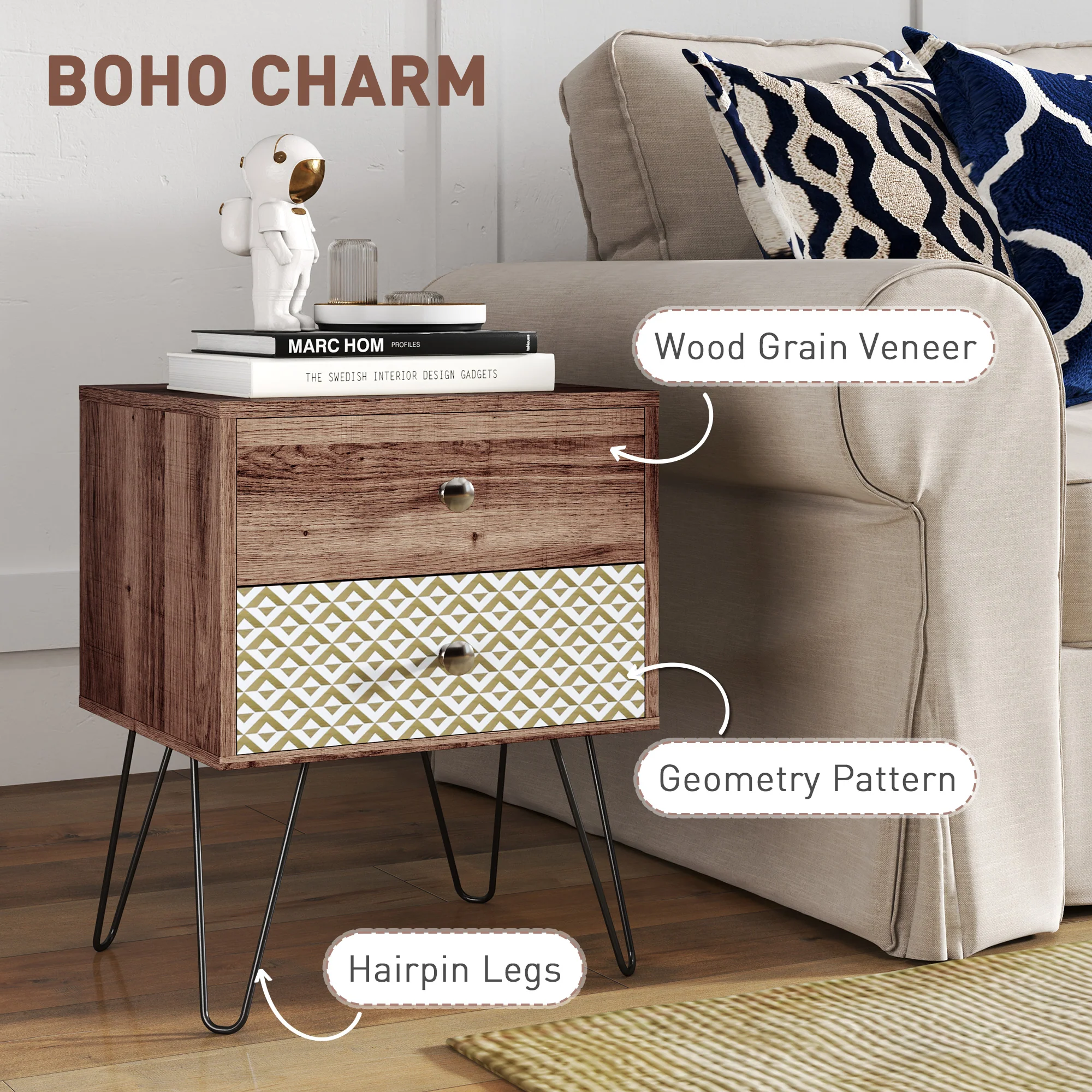 HOMCOM 2-Drawer Nightstand, Sofa Bedside Table for Living Room, Bedroom - Image 3