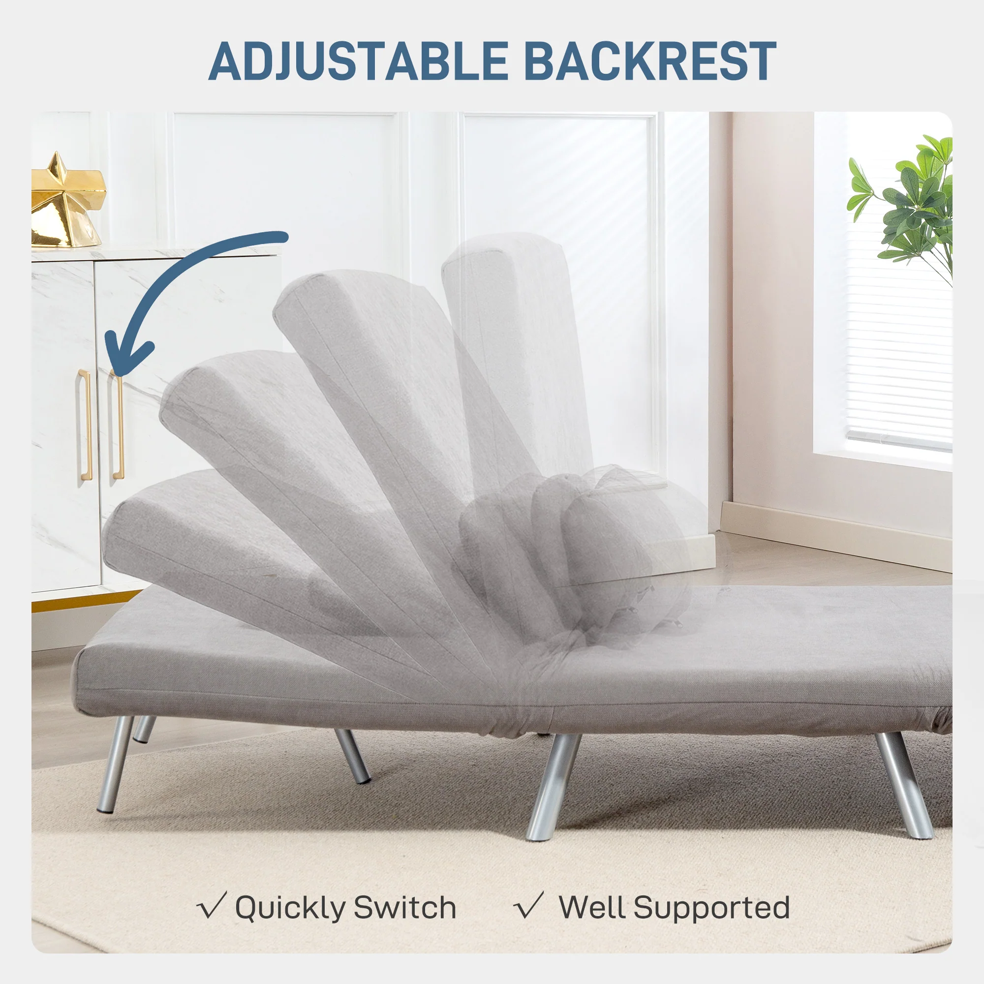 HOMCOM 2-in-1 Folding Sofa Bed With 5-level Adjustable Backrest, Grey - Image 4