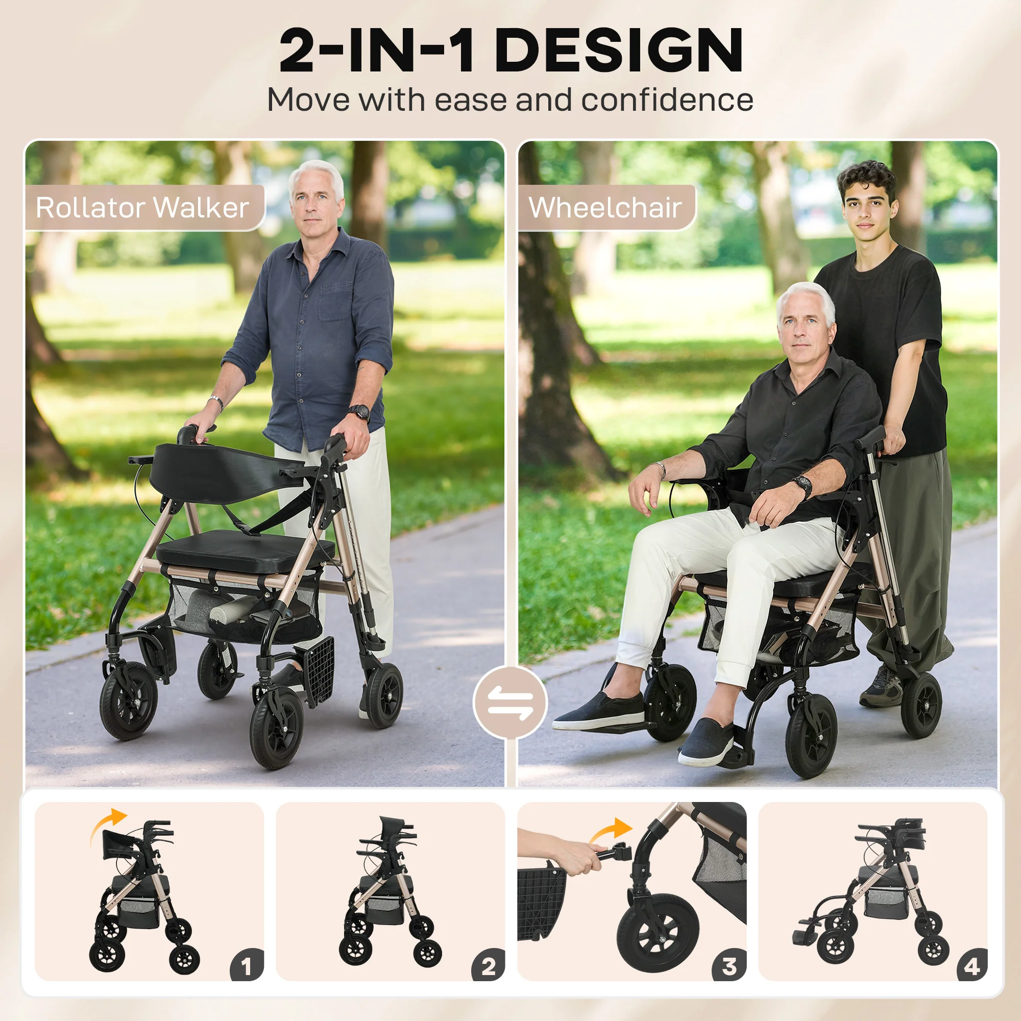 HOMCOM 2-in-1 Mobility Walker With Seat, Foldable Rollator With Footrests - Image 3