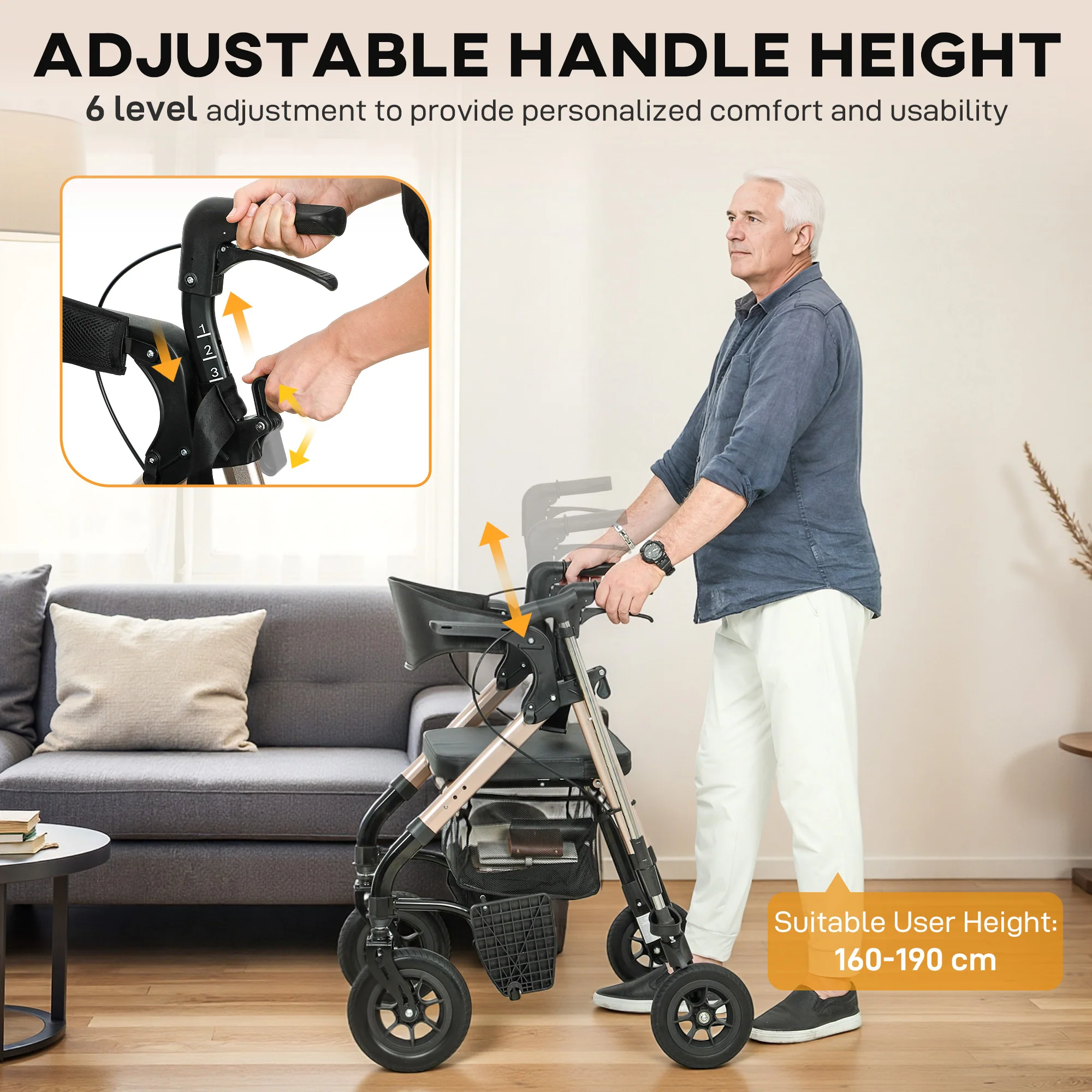 HOMCOM 2-in-1 Mobility Walker With Seat, Foldable Rollator With Footrests - Image 4