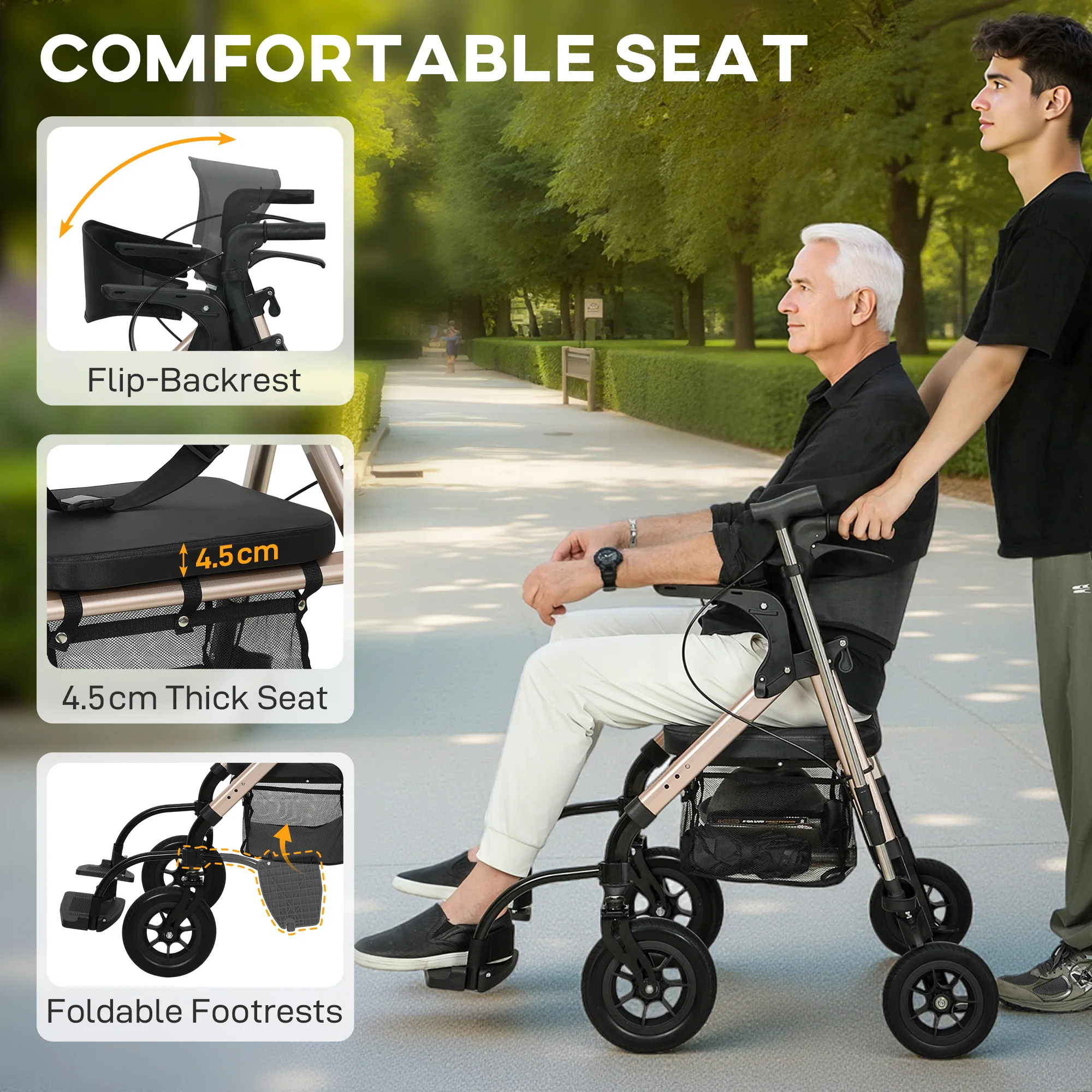 HOMCOM 2-in-1 Mobility Walker With Seat, Foldable Rollator With Footrests - Image 6