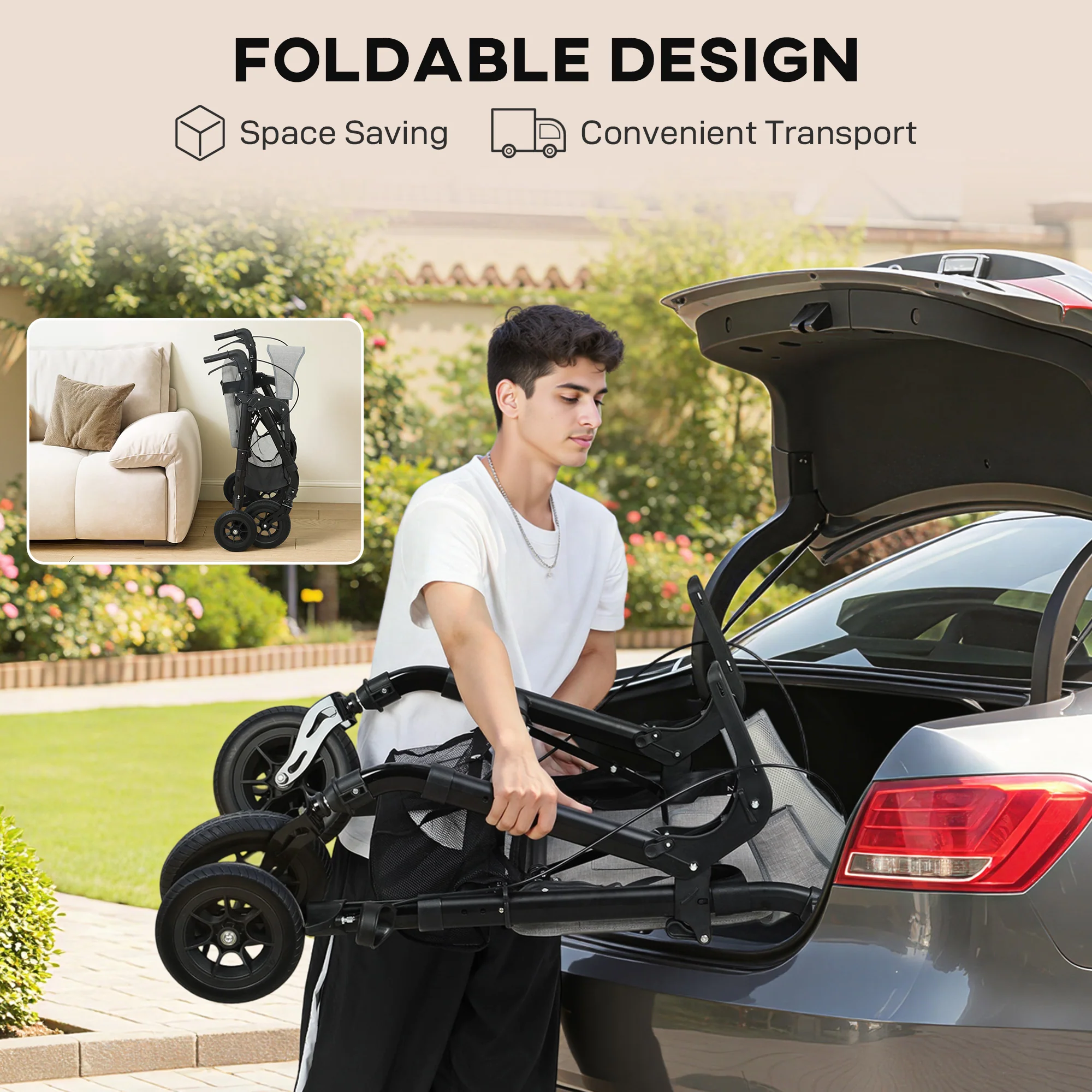 HOMCOM 2-in-1 Mobility Walker With Seat, Foldable Rollator With Footrests - Image 8