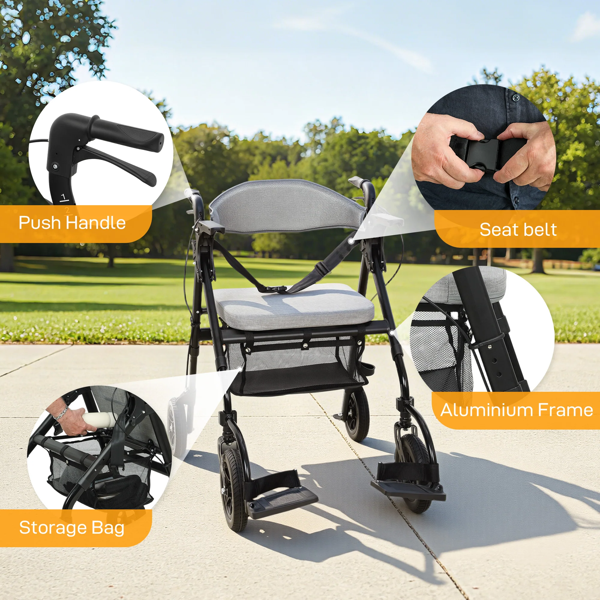 HOMCOM 2-in-1 Mobility Walker With Seat, Foldable Rollator With Footrests - Image 9