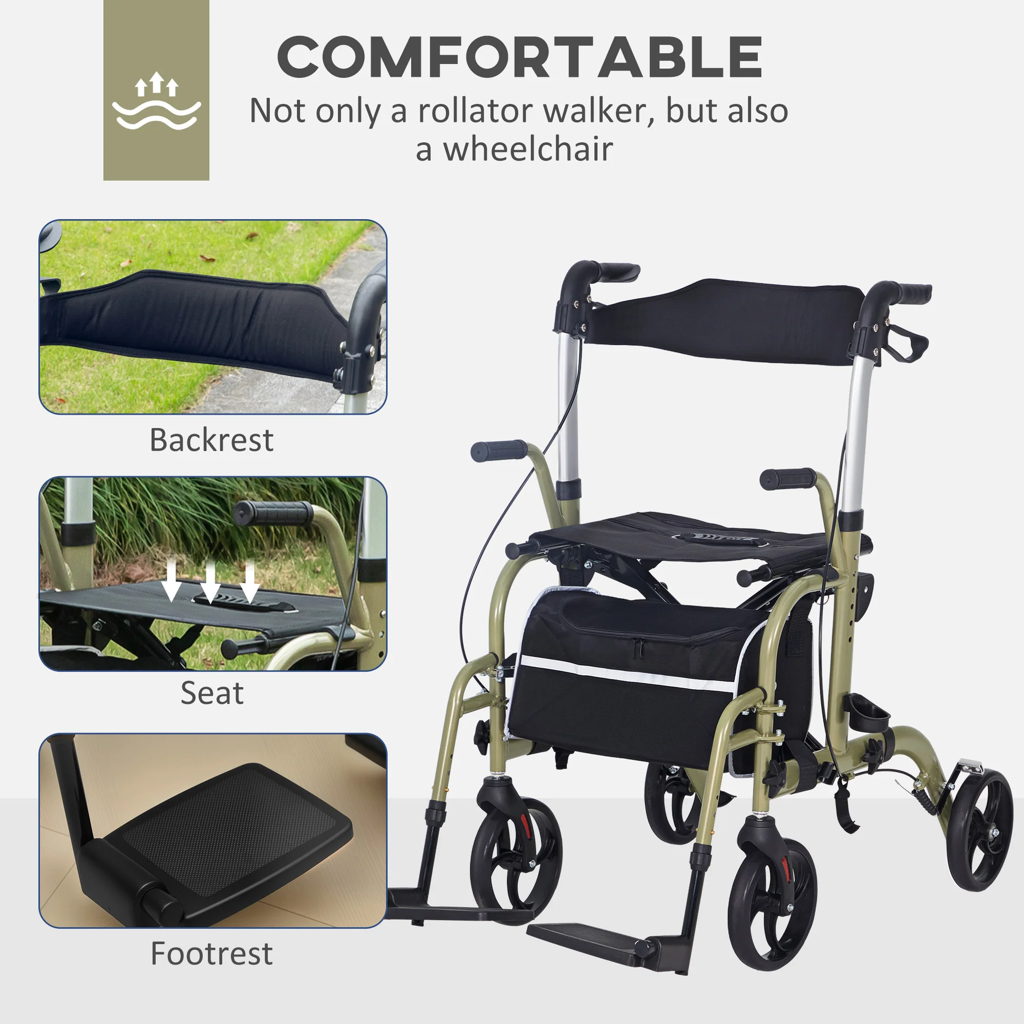 HOMCOM 2 In 1 Wheelchair & Folding Rollator Walker Combo, Yellow-green - Image 3