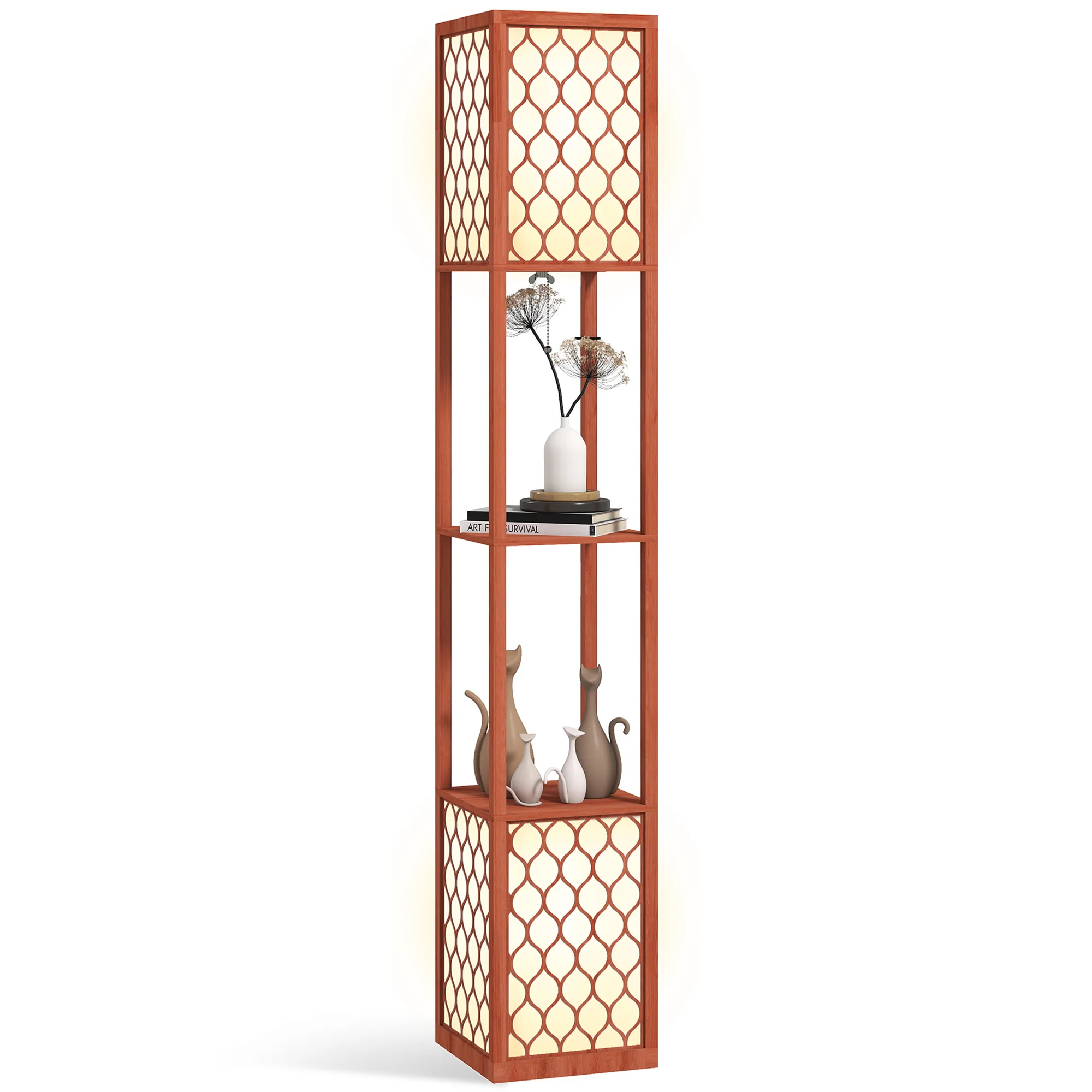 HOMCOM 2-Light Modern Floor Lamp with Shelves for Living Room, Bedroom, Brown