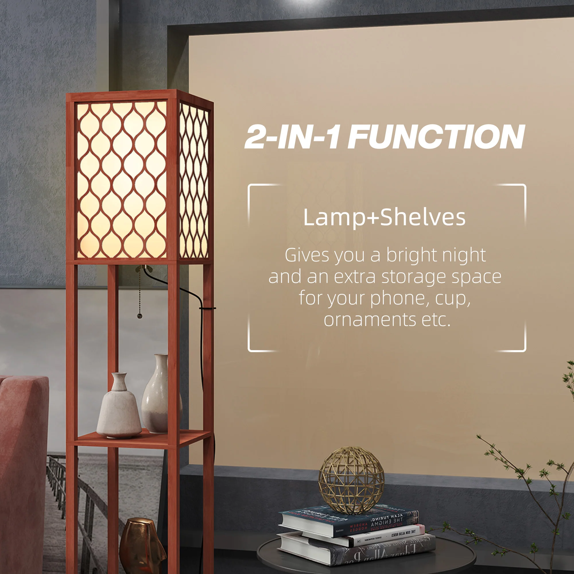 HOMCOM 2-Light Modern Floor Lamp with Shelves for Living Room, Bedroom, Brown - Image 3