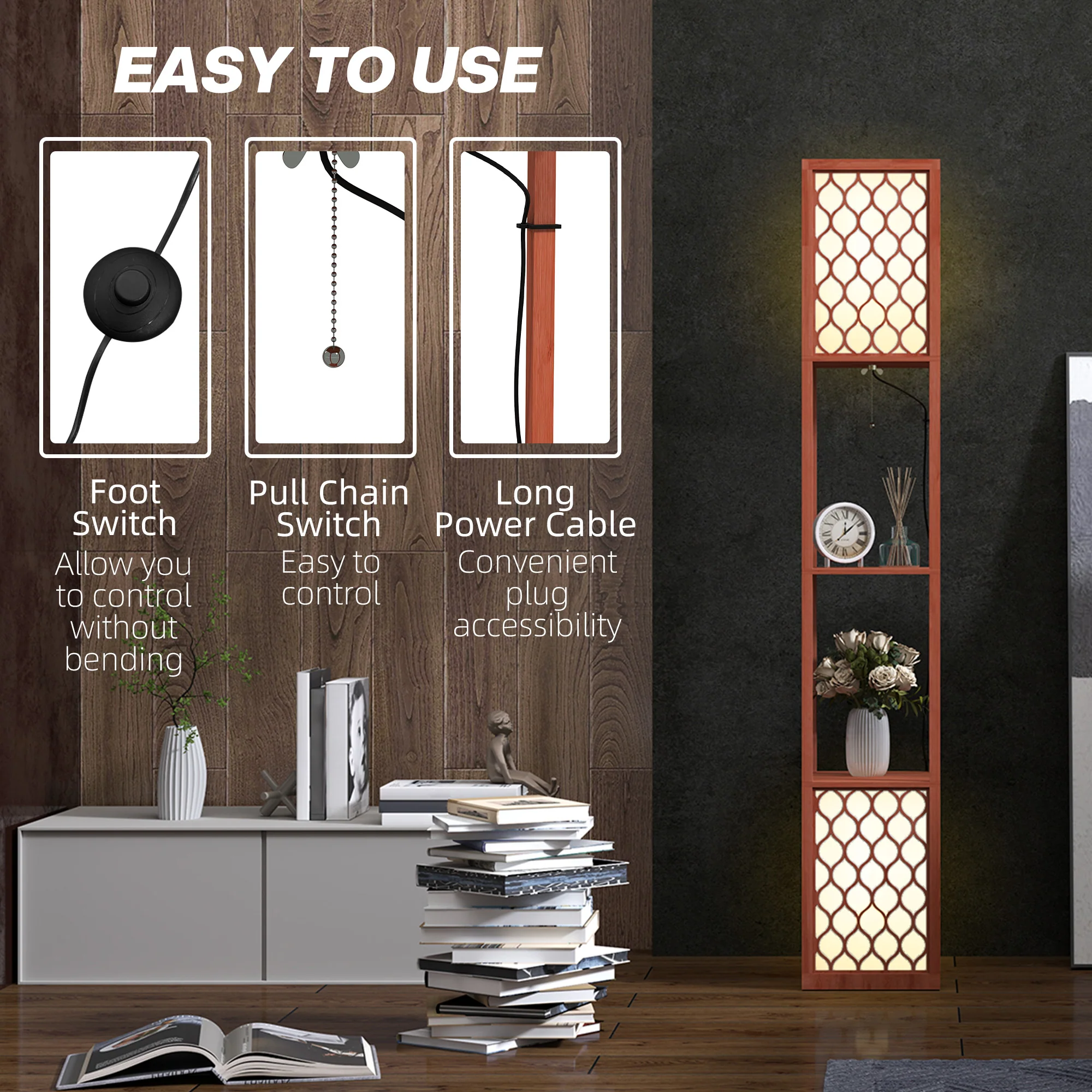HOMCOM 2-Light Modern Floor Lamp with Shelves for Living Room, Bedroom, Brown - Image 6