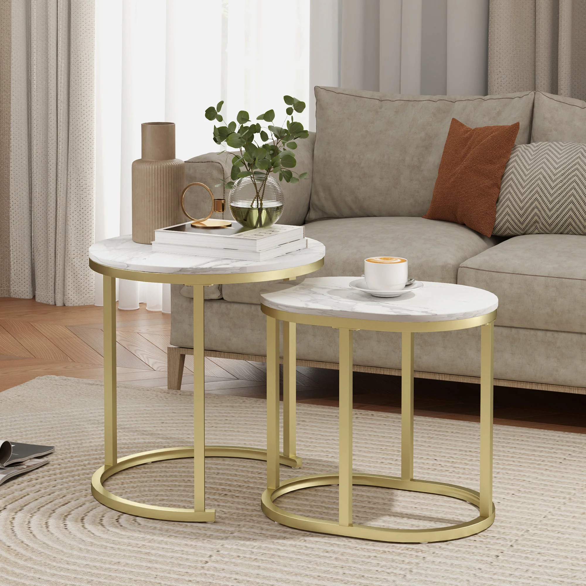 HOMCOM 2 Pcs Coffee Table with Faux Marble Side Accent Tables White - Image 11