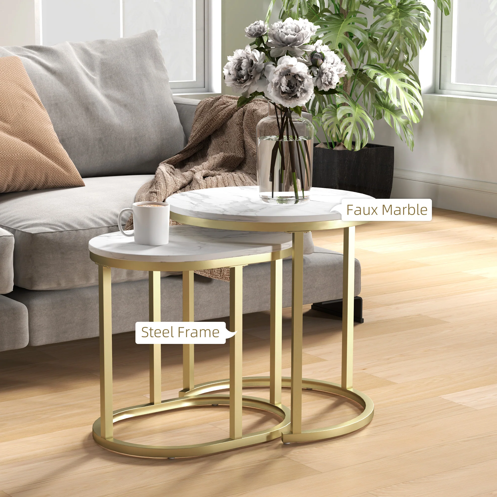 HOMCOM 2 Pcs Coffee Table with Faux Marble Side Accent Tables White - Image 13