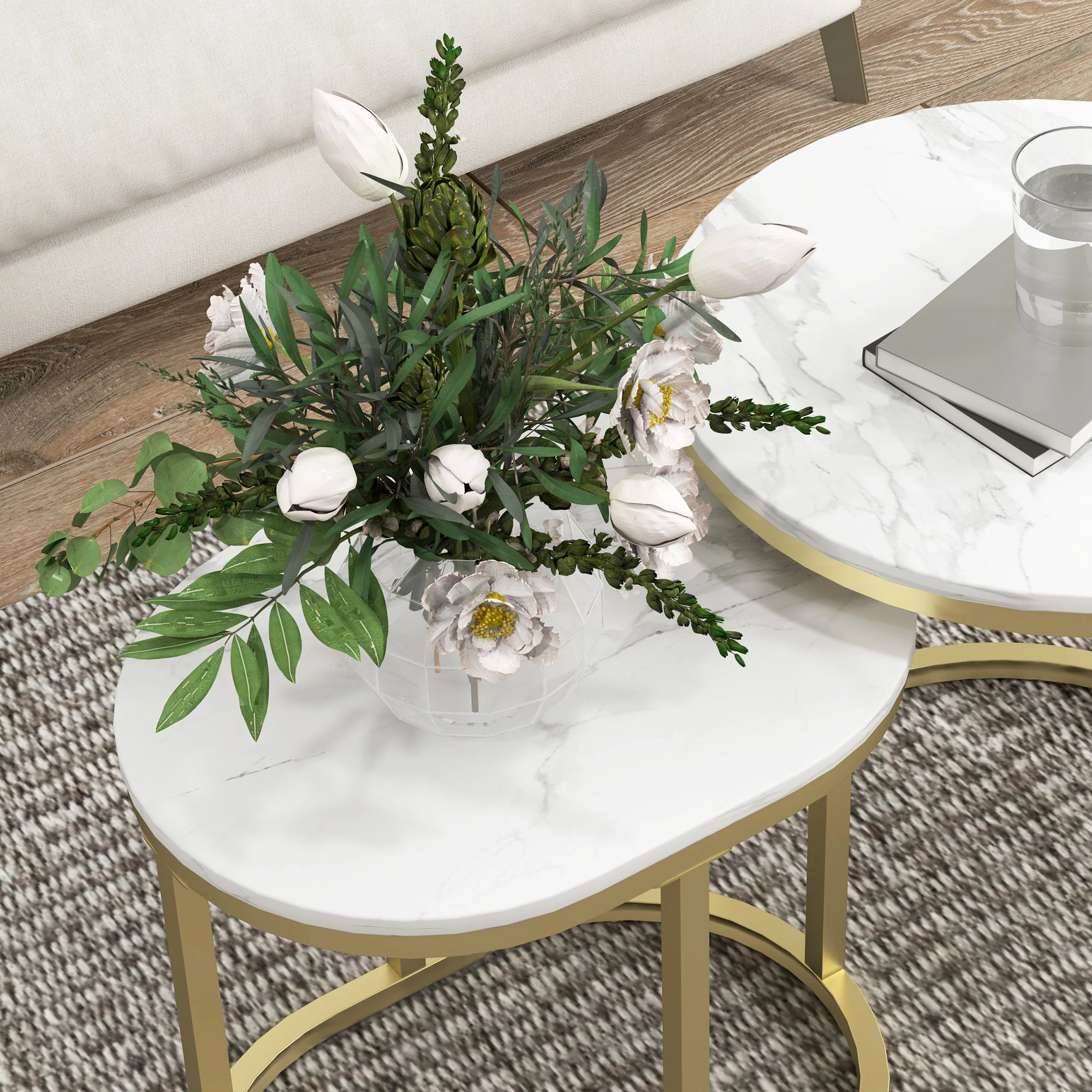 HOMCOM 2 Pcs Coffee Table with Faux Marble Side Accent Tables White - Image 18