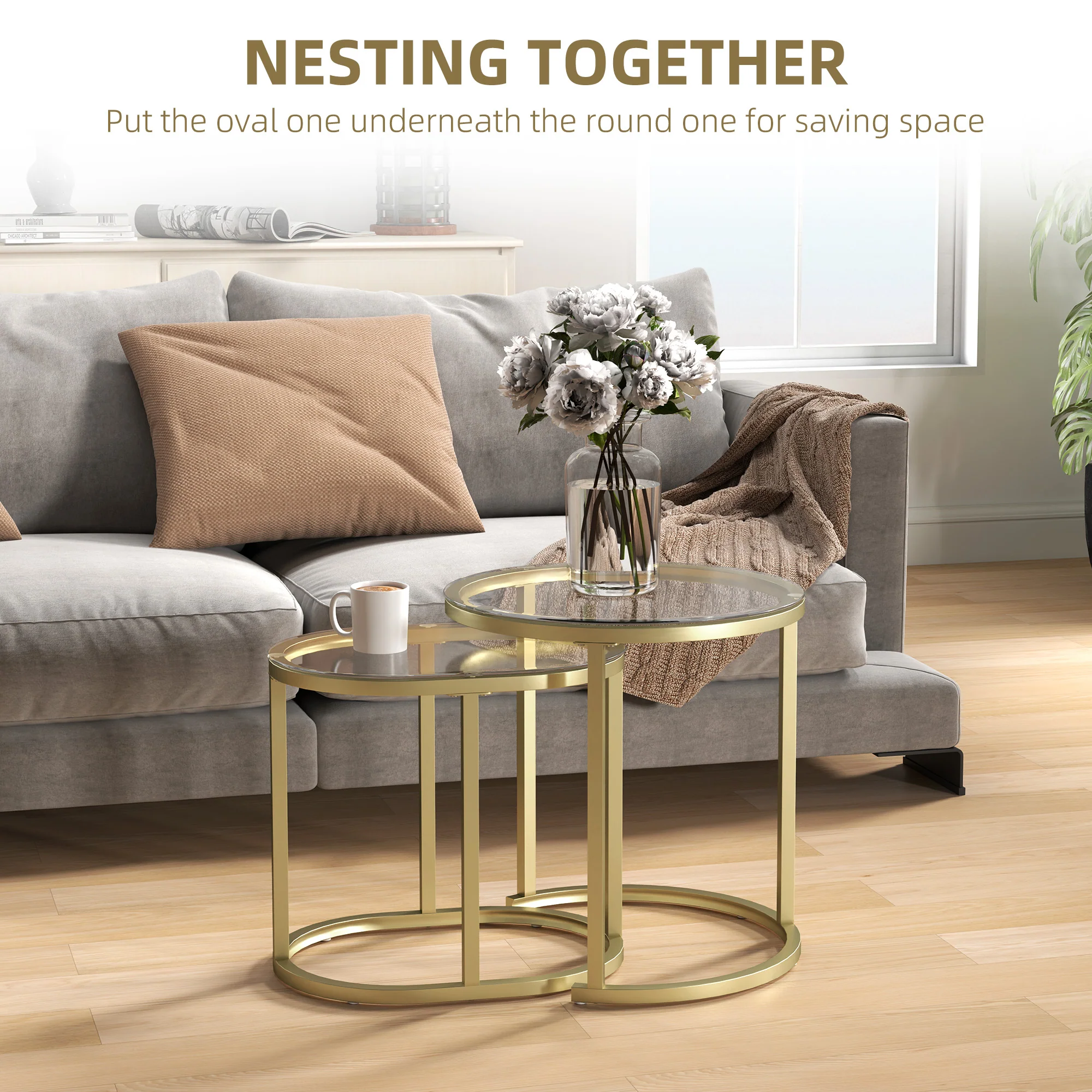 HOMCOM 2 Pcs Coffee Table with Faux Marble Side Accent Tables White - Image 3
