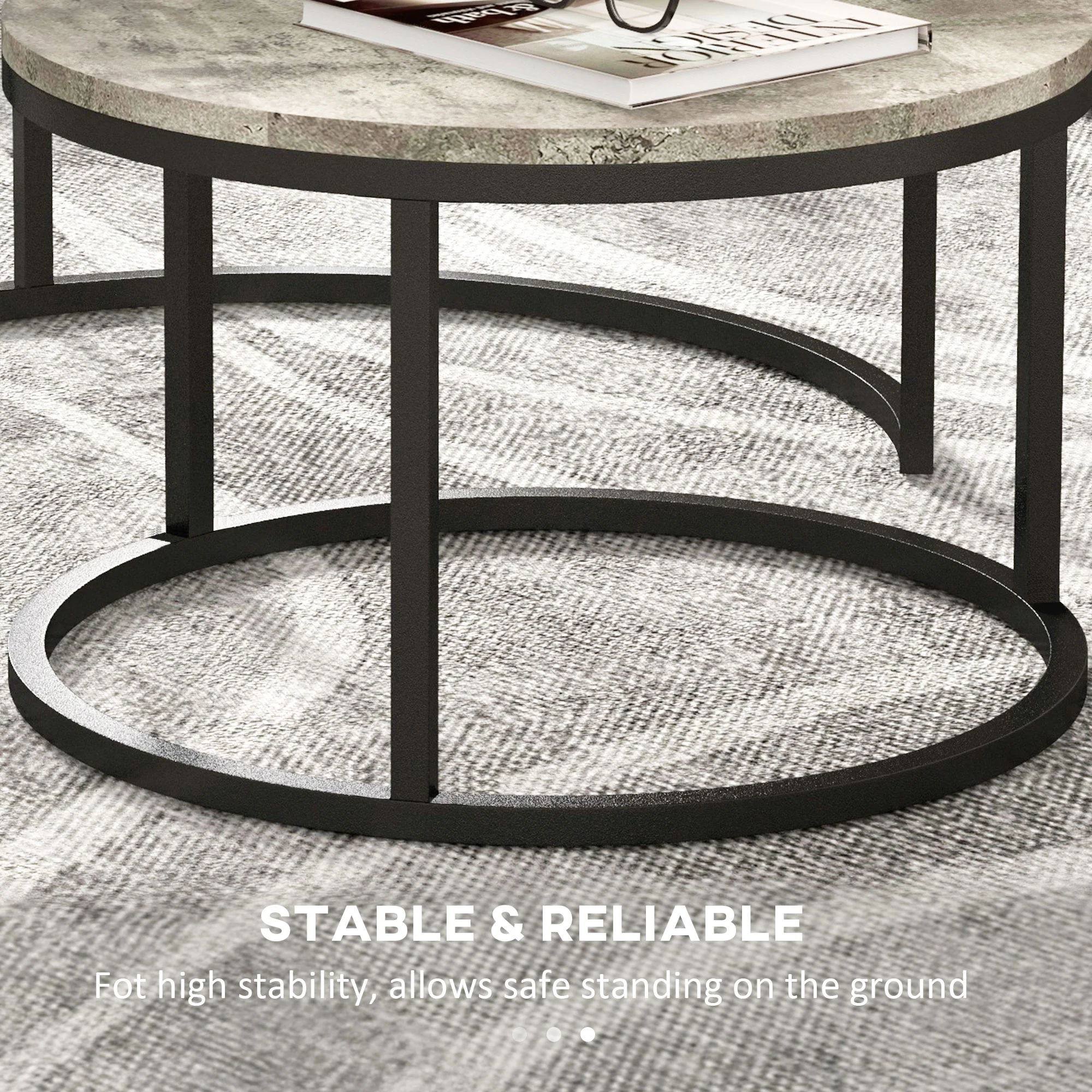 HOMCOM 2 Pcs Stacking Coffee Table Set Steel Frame Cement-Effect Top Foot Pads - Image 6