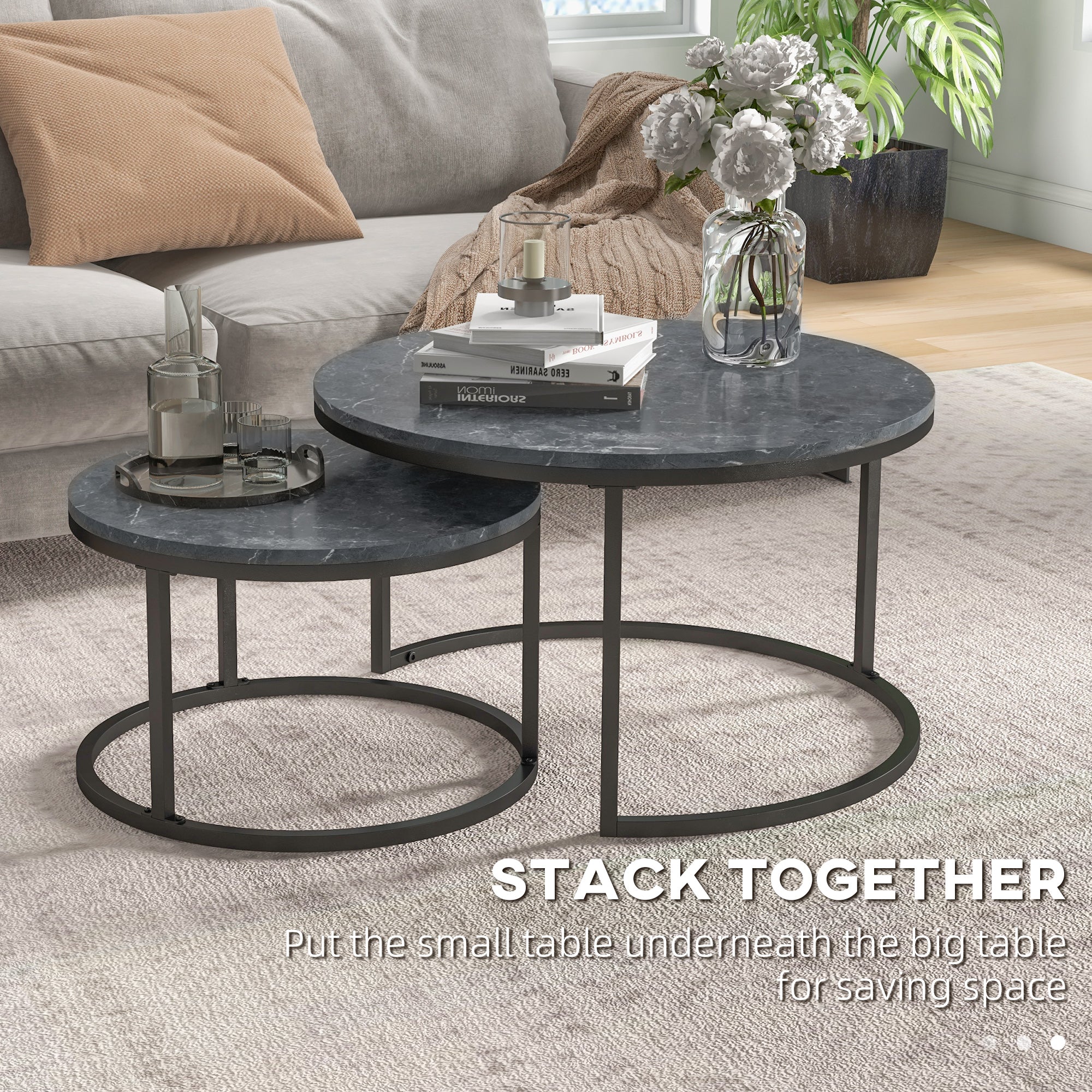 HOMCOM 2 Pcs Stacking Coffee Table Set Steel Frame Marble-Effect Top Foot Pads - Image 3
