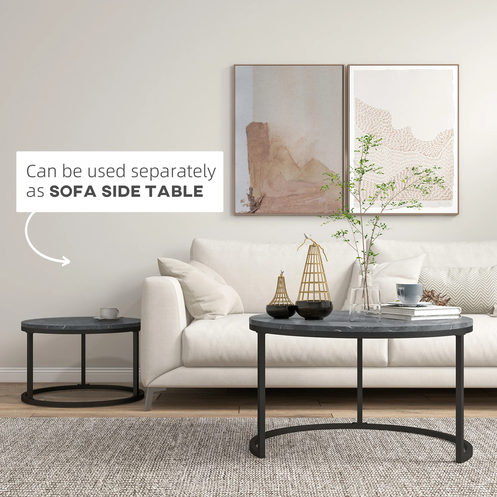 HOMCOM 2 Pcs Stacking Coffee Table Set Steel Frame Marble-Effect Top Foot Pads - Image 4