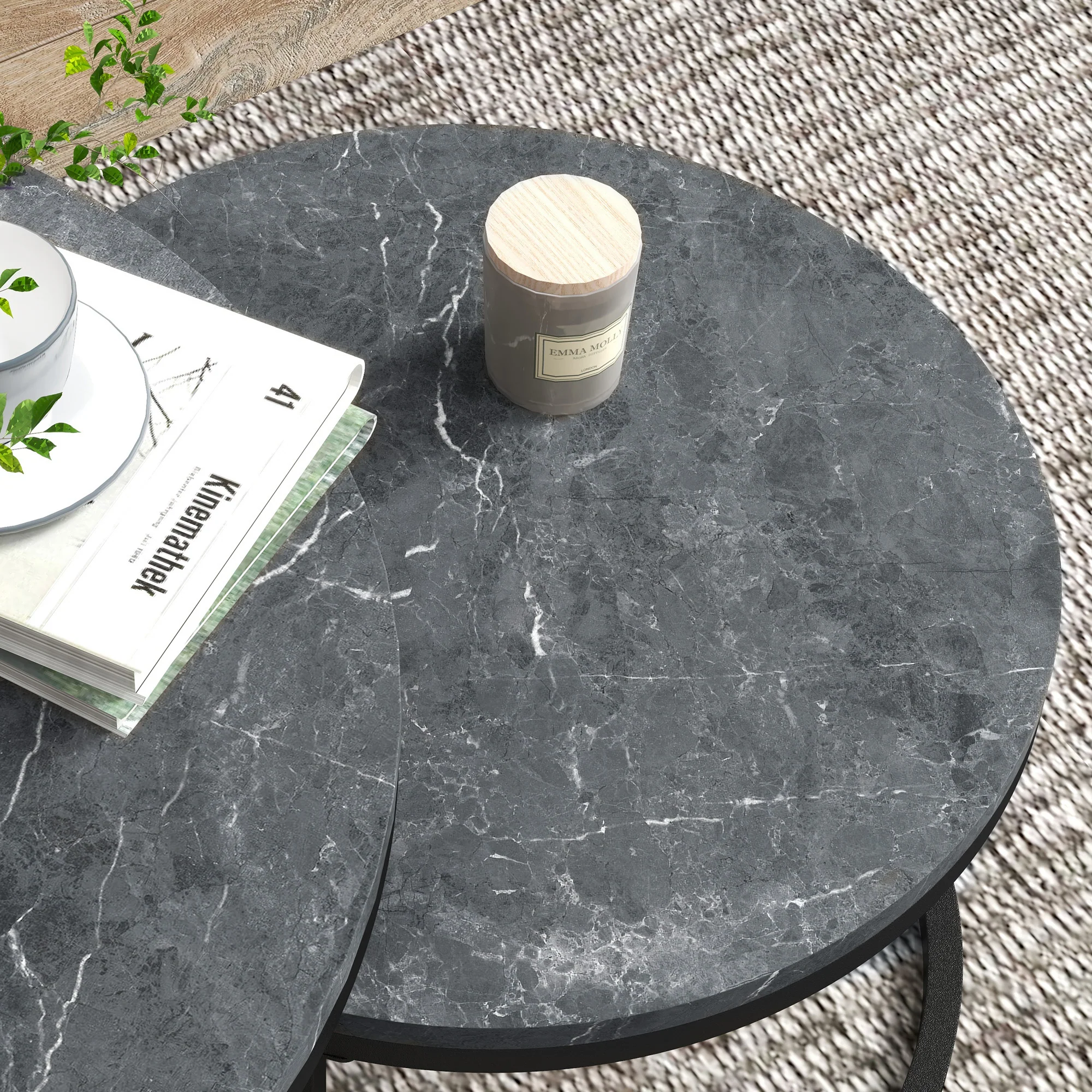 HOMCOM 2 Pcs Stacking Coffee Table Set Steel Frame Marble-Effect Top Foot Pads - Image 7