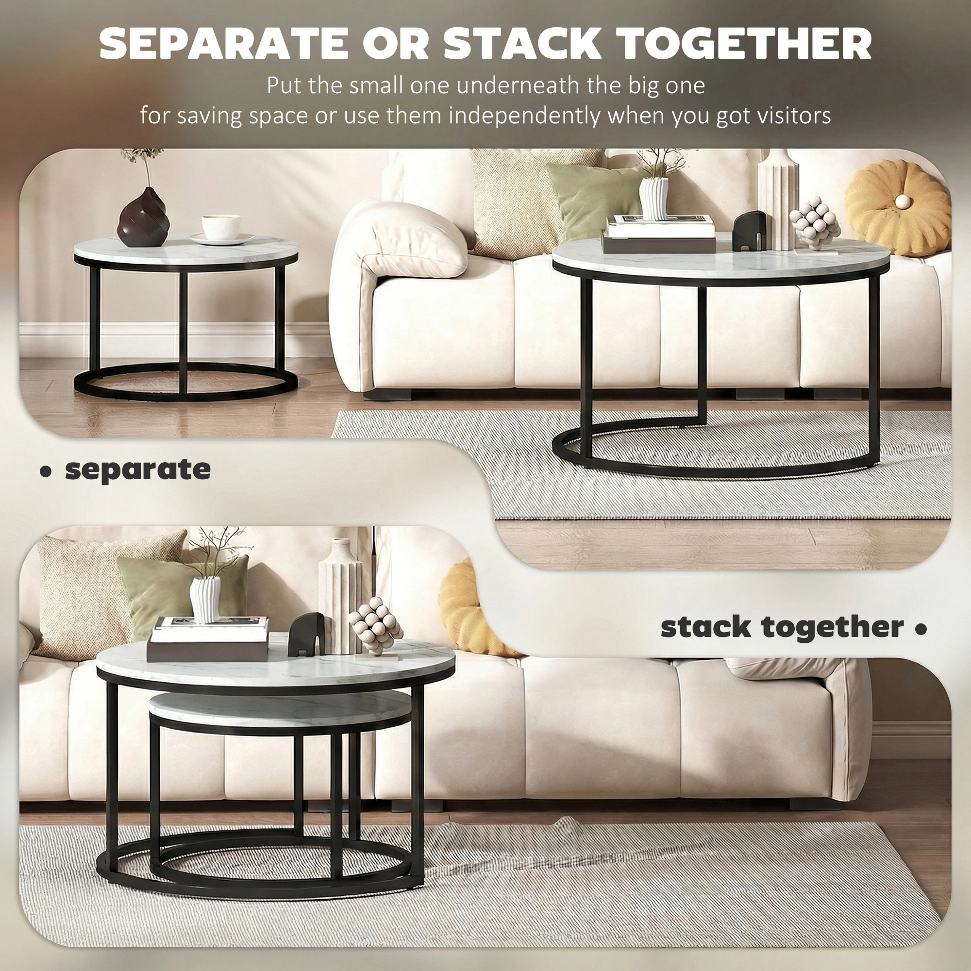 HOMCOM 2 Pcs Stacking Coffee Table Set Steel Frame, Marble White - Image 4
