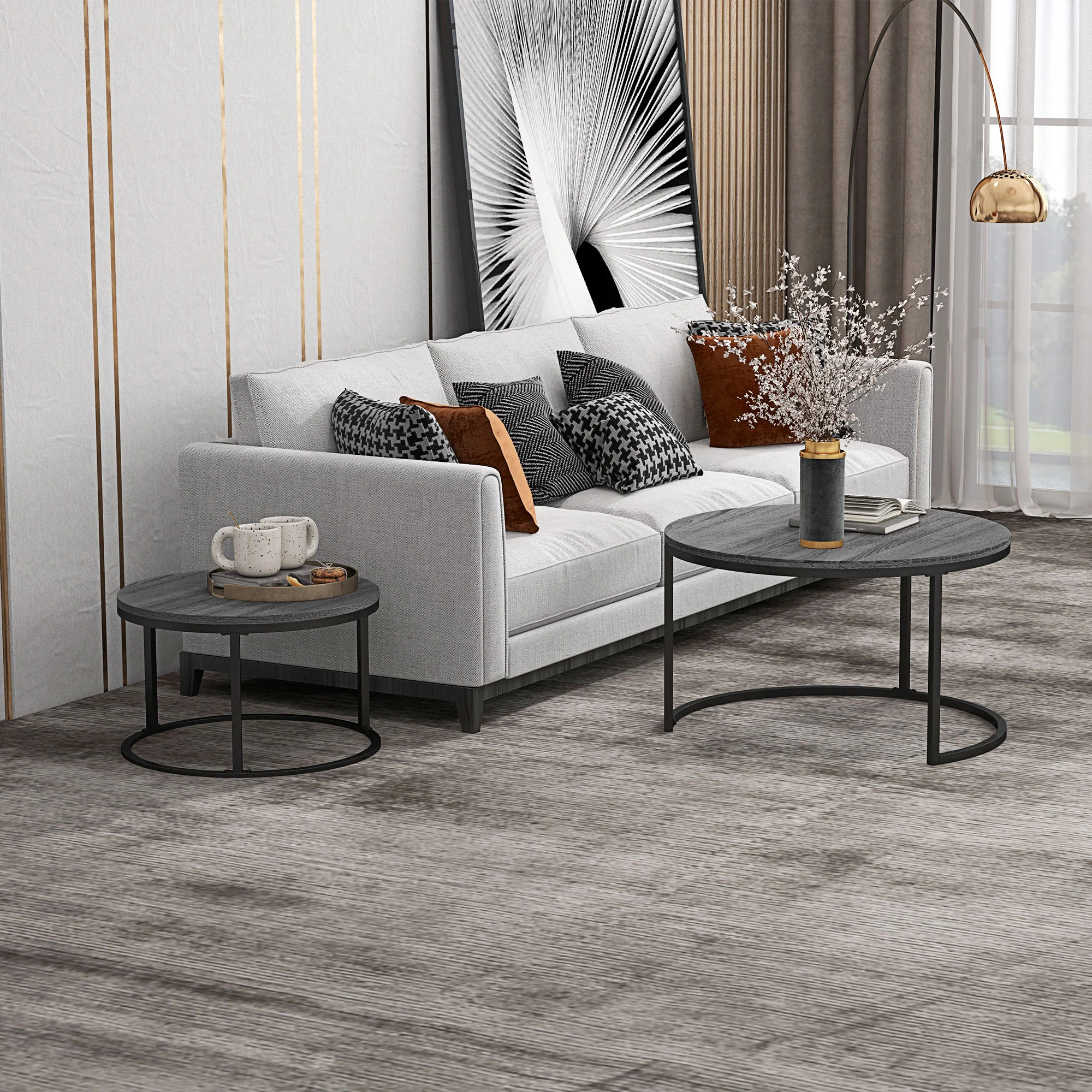 HOMCOM 2 Pcs Stacking Coffee Table Set Steel Frame Wood Effect Top Foot Pads - Image 2
