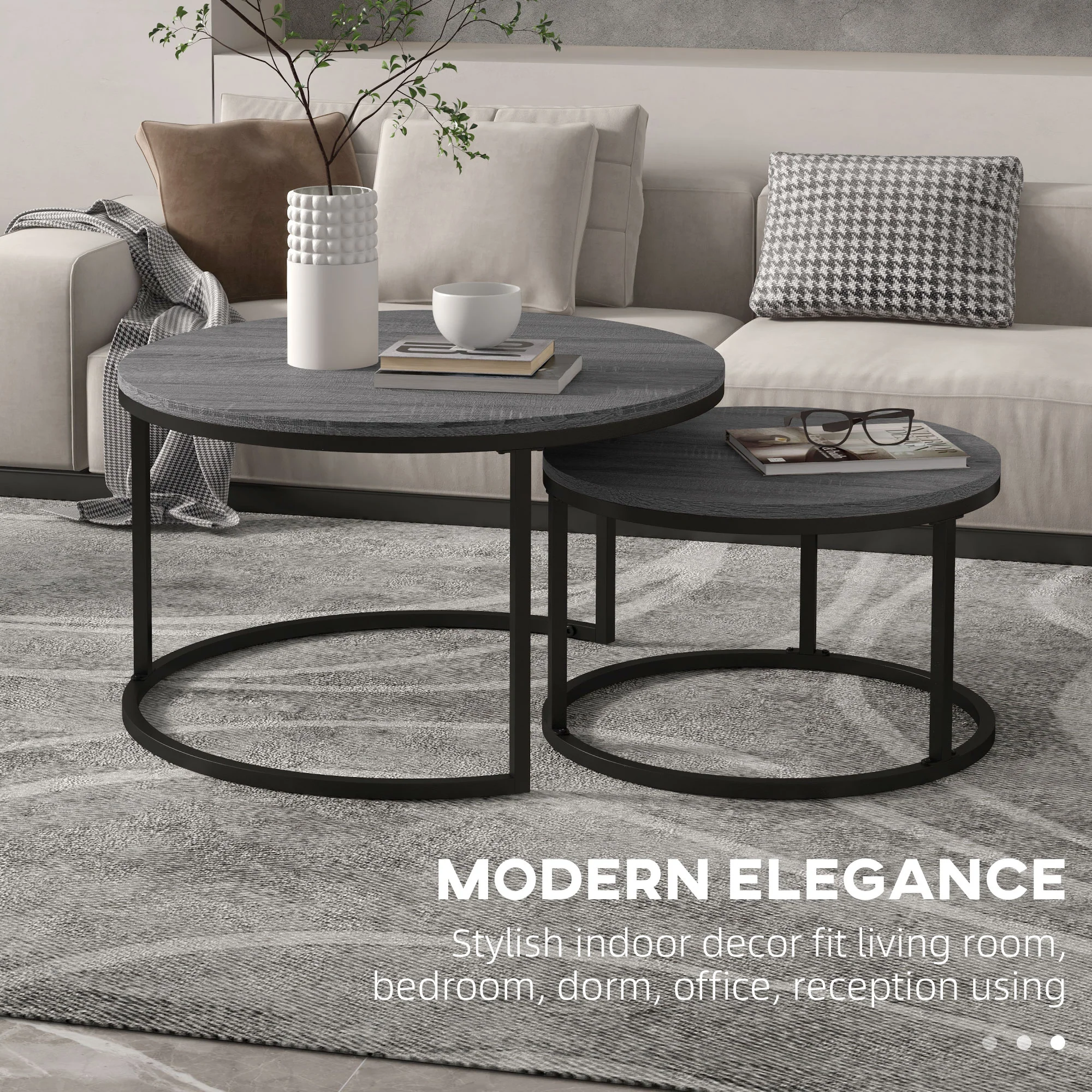 HOMCOM 2 Pcs Stacking Coffee Table Set Steel Frame Wood Effect Top Foot Pads - Image 3