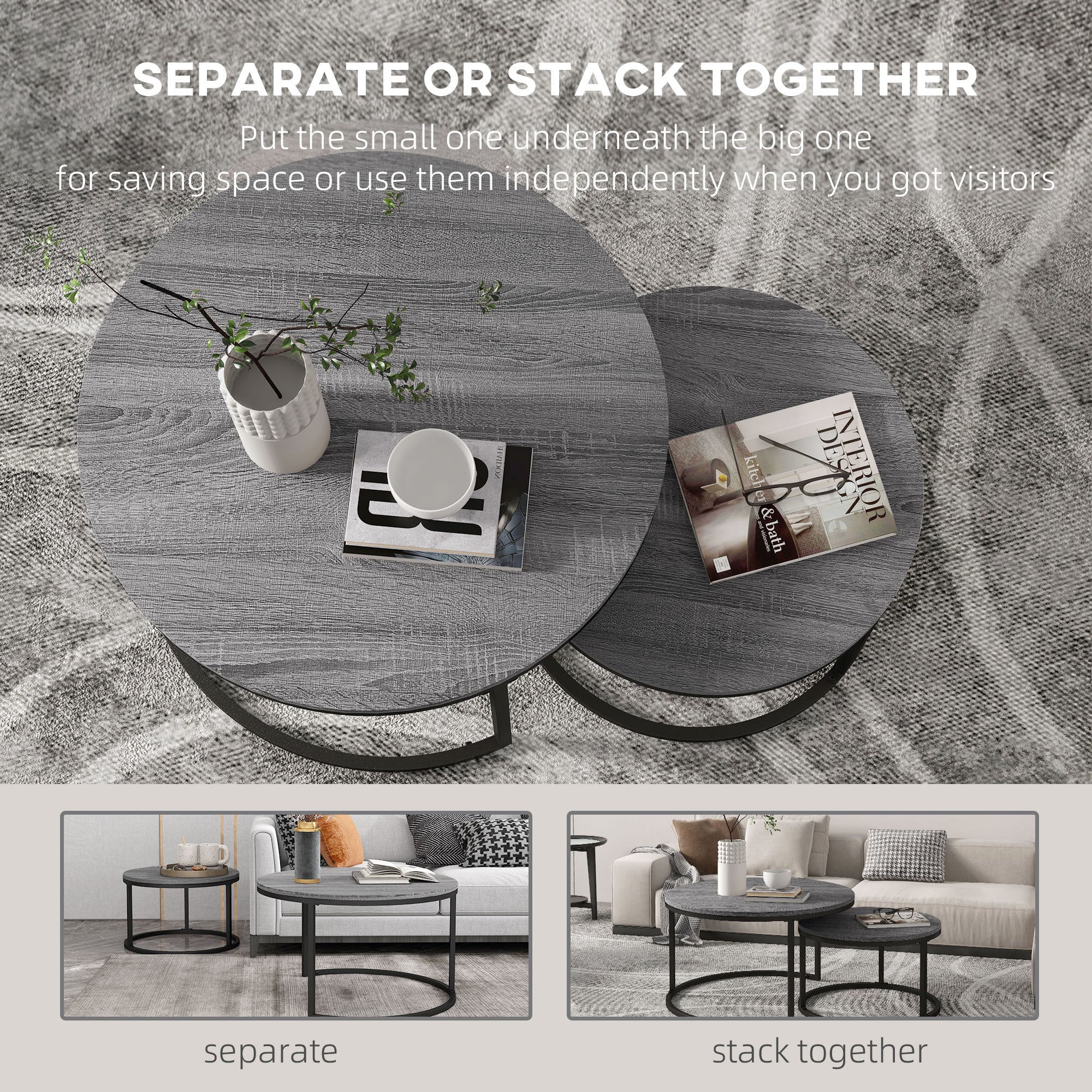 HOMCOM 2 Pcs Stacking Coffee Table Set Steel Frame Wood Effect Top Foot Pads - Image 4