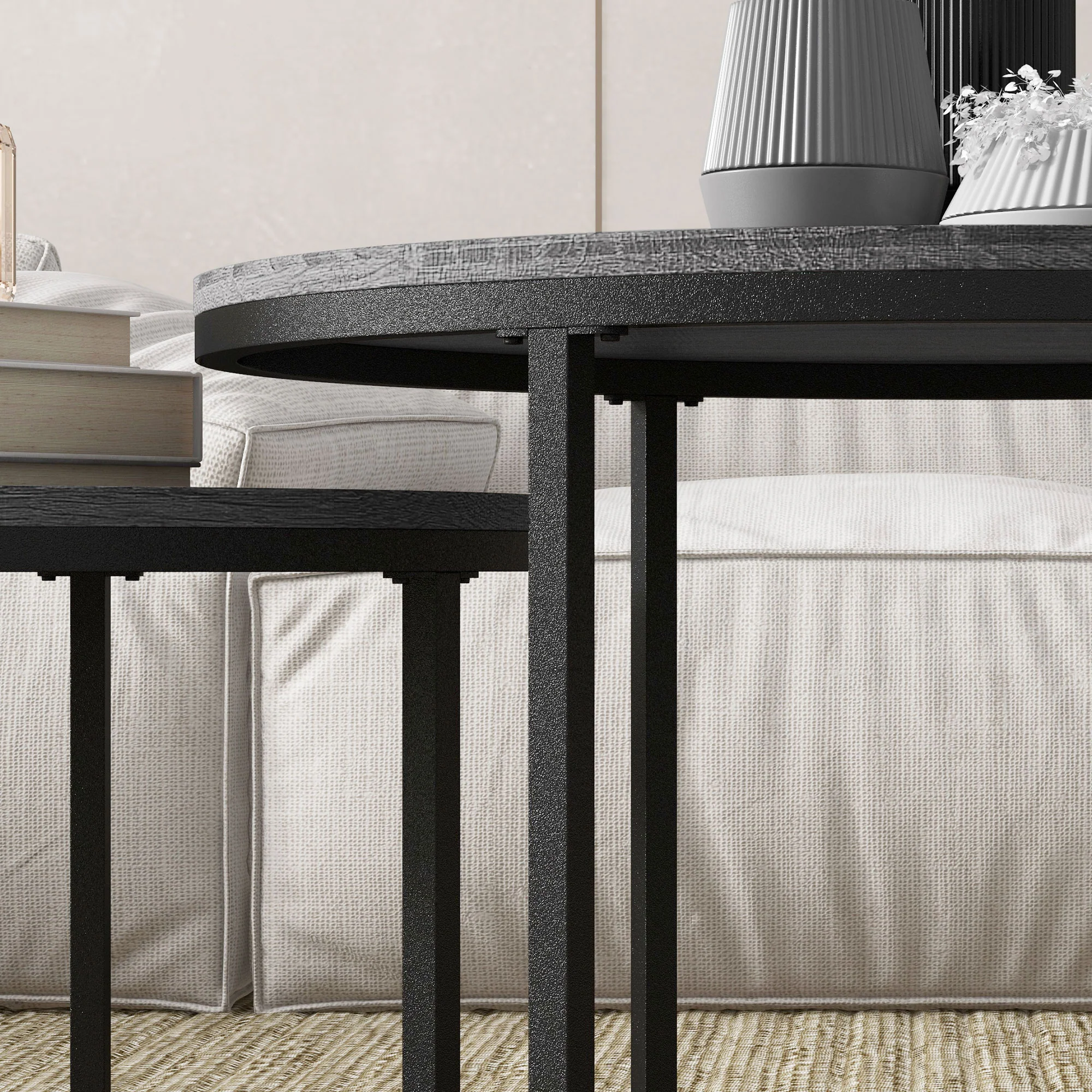 HOMCOM 2 Pcs Stacking Coffee Table Set Steel Frame Wood Effect Top Foot Pads - Image 9