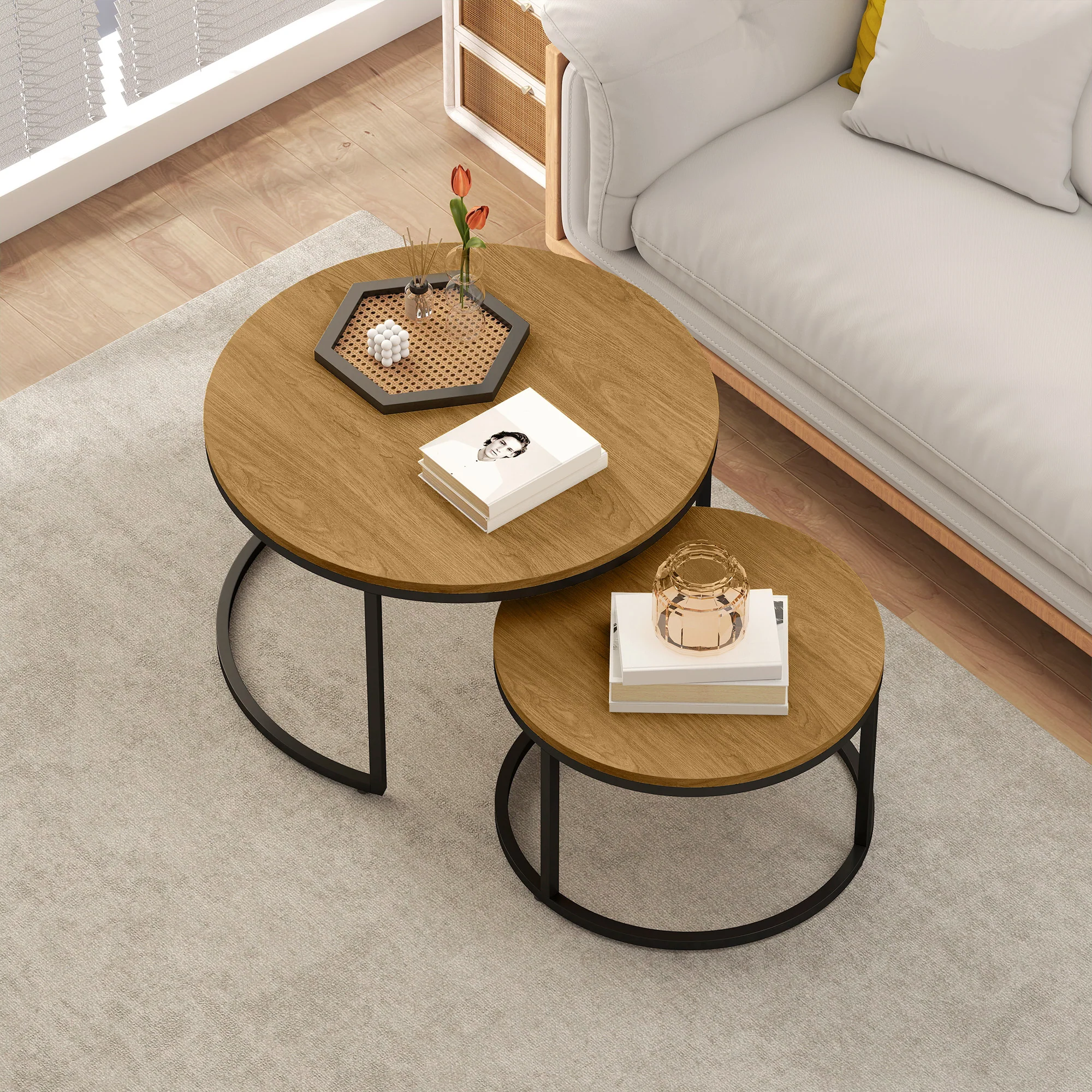 HOMCOM 2 Pcs Stacking Coffee Table Set With Steel Frame - Image 8