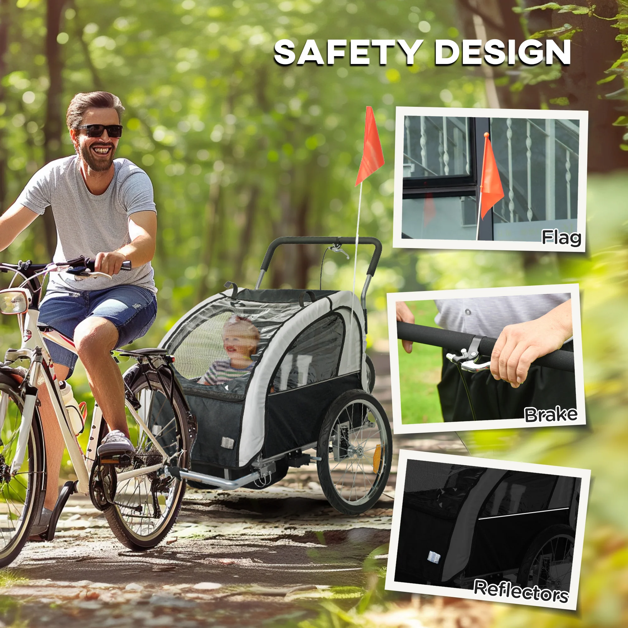 HOMCOM 2 Seat Bike Trailer with 5 Point Harness, for 18+ Months, Black - Image 8