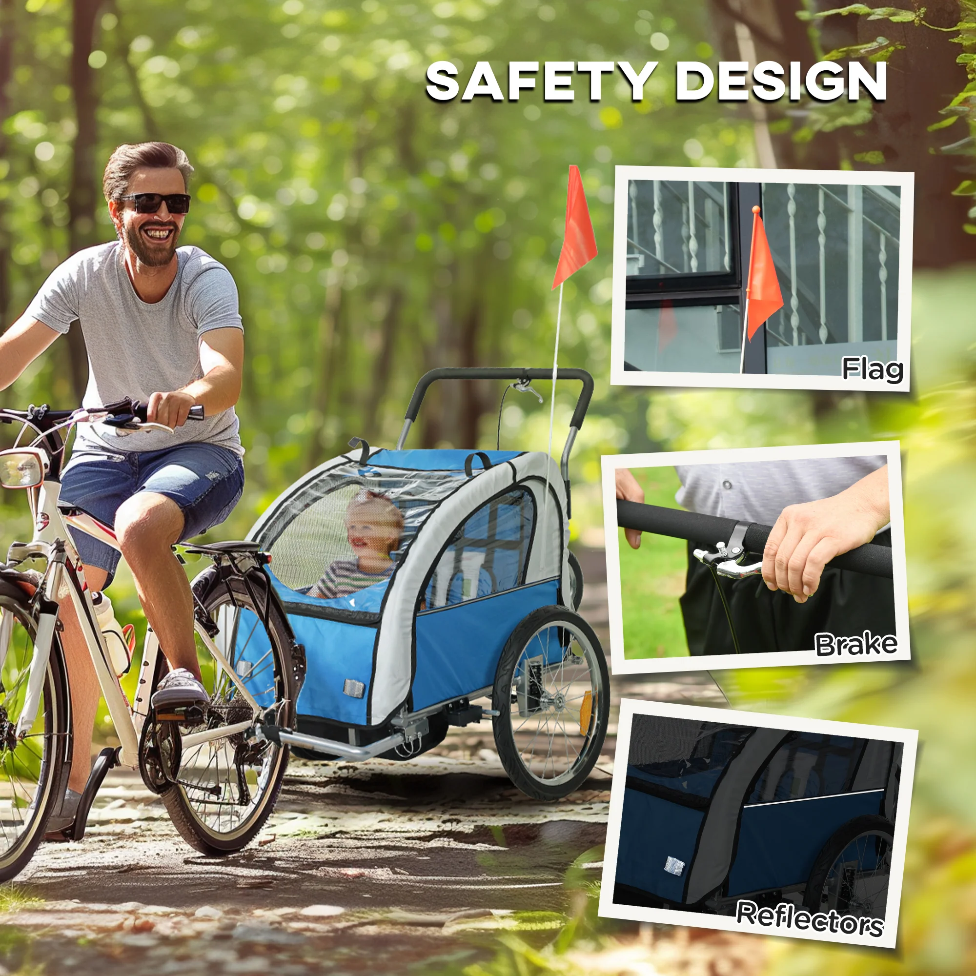 HOMCOM 2 Seat Bike Trailer with 5 Point Harness, for 18+ Months, Blue - Image 8