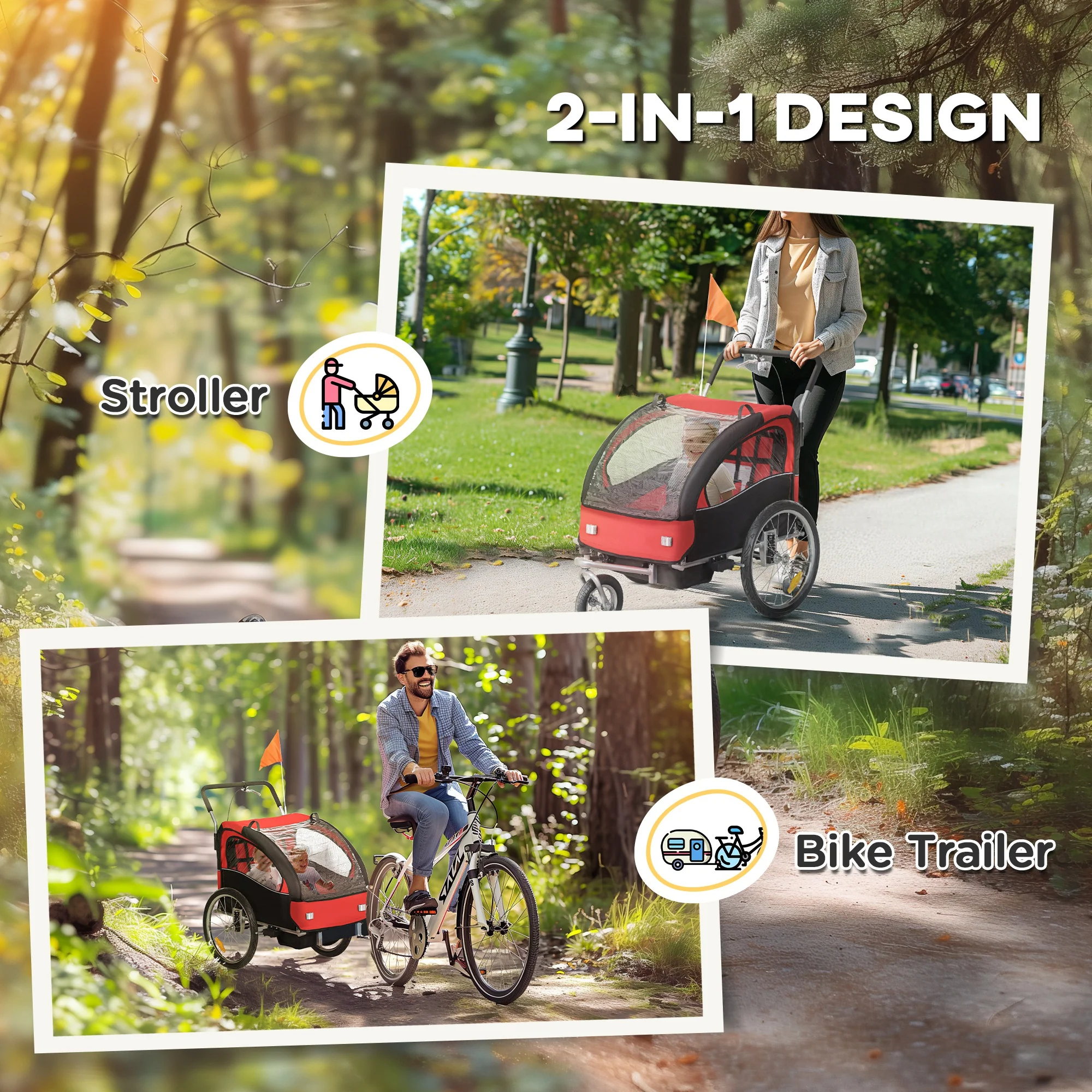 HOMCOM 2 Seat Bike Trailer with 5 Point Harness, for 18+ Months, Red - Image 3