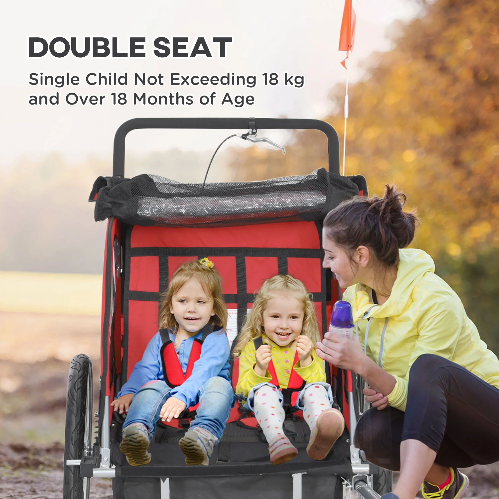 HOMCOM 2 Seat Bike Trailer with 5 Point Harness, for 18+ Months, Red - Image 4