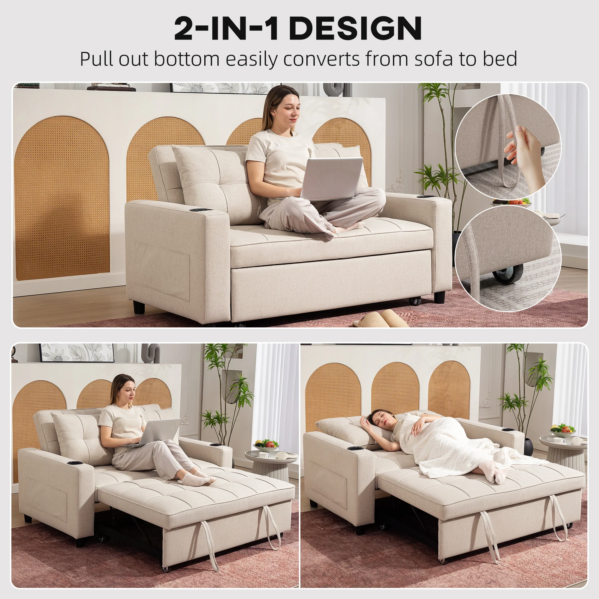HOMCOM 2 Seater Pull Out Sofa Bed With Pockets For Living Room - Image 3