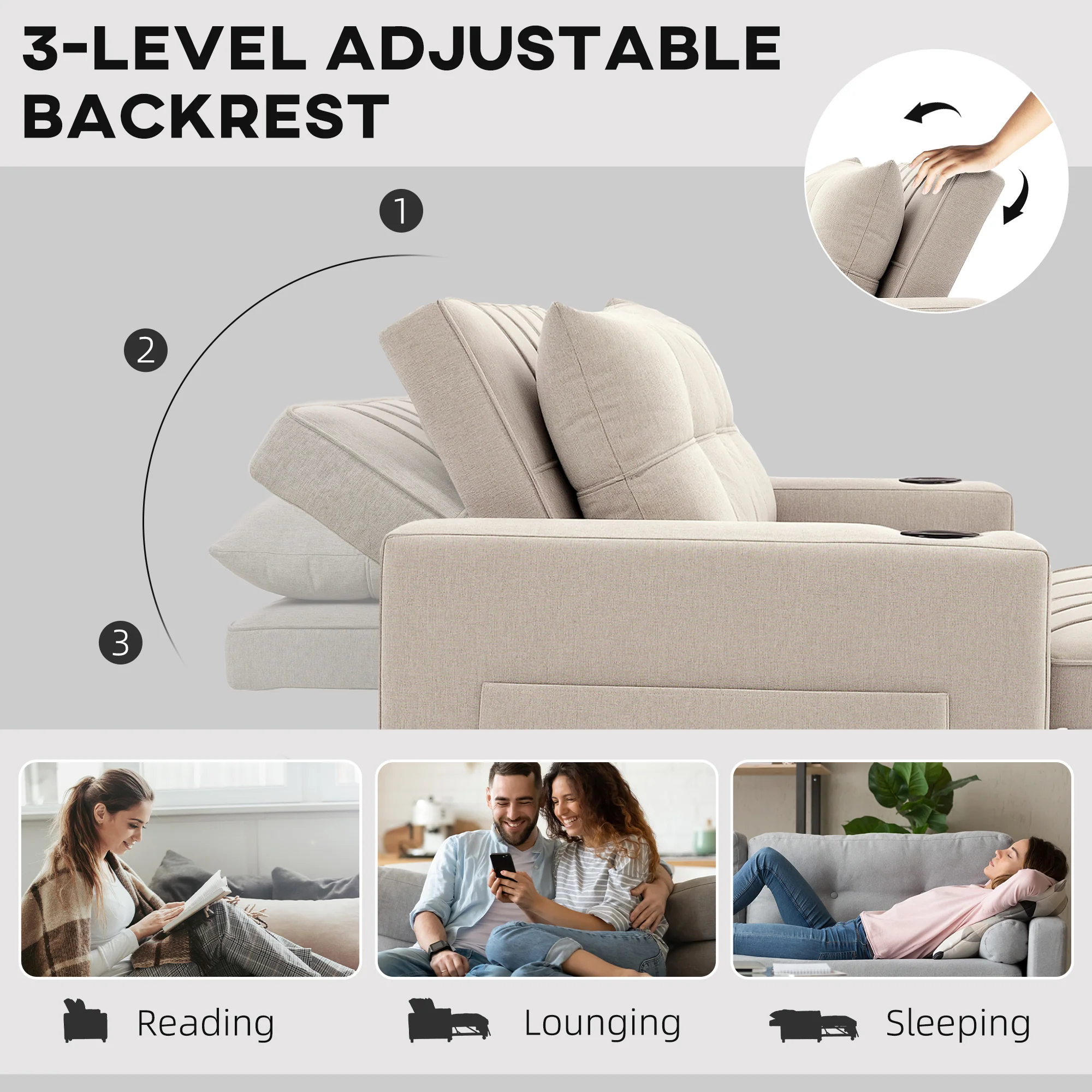 HOMCOM 2 Seater Pull Out Sofa Bed With Pockets For Living Room - Image 4