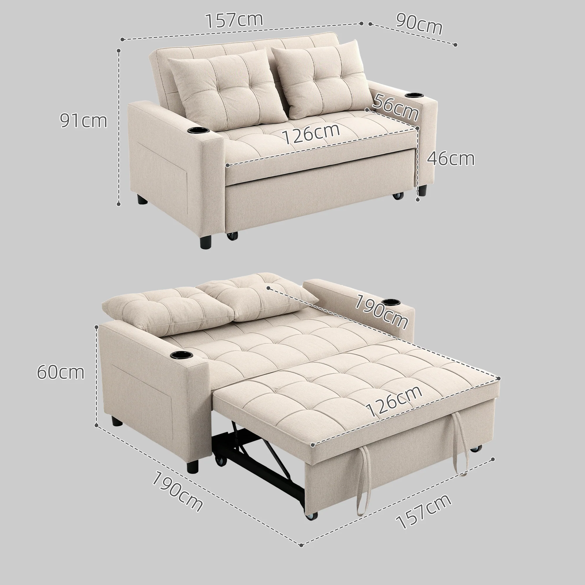 HOMCOM 2 Seater Pull Out Sofa Bed With Pockets For Living Room - Image 5