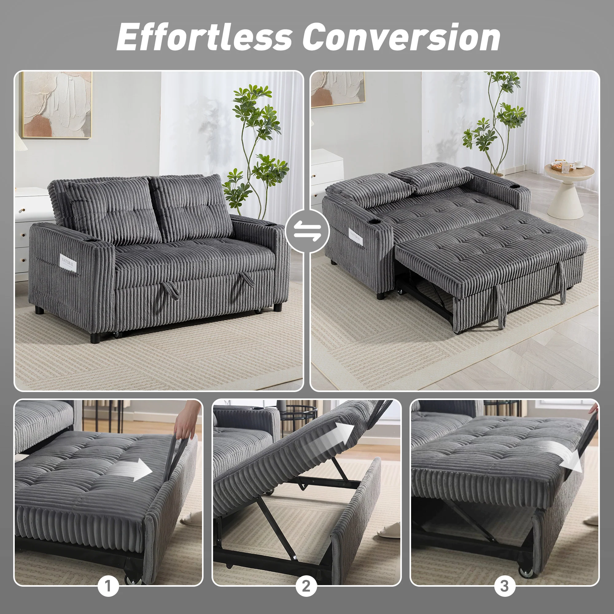 HOMCOM 2 Seater Sofa Bed, Click Clack Pull Out Bed Settee, Charcoal Grey - Image 3